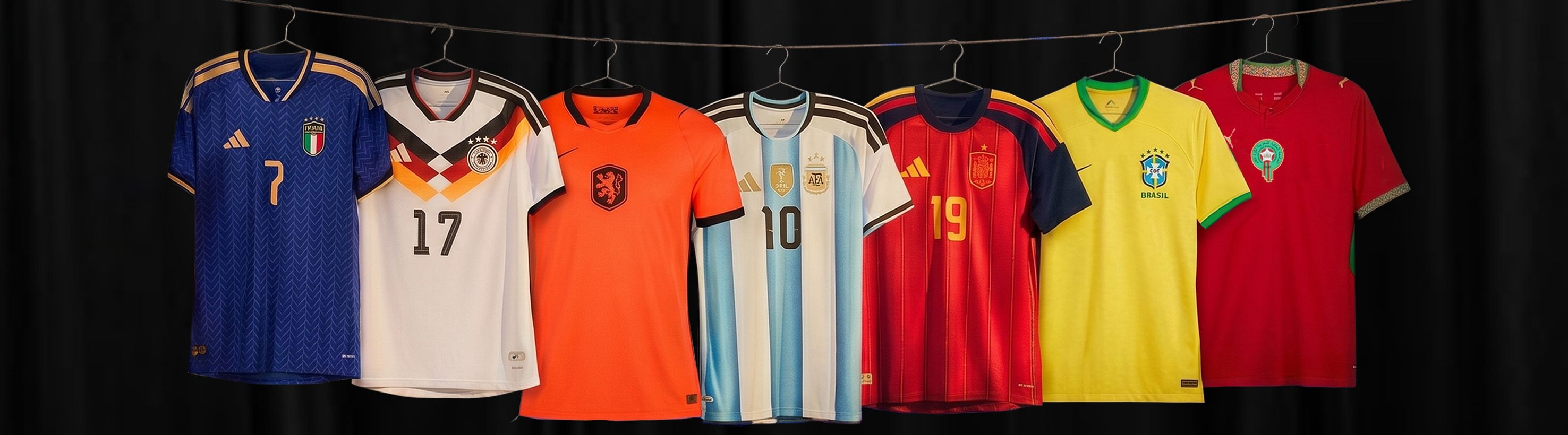 Seven national soccer jerseys in various colors hang on a line against a dark background.