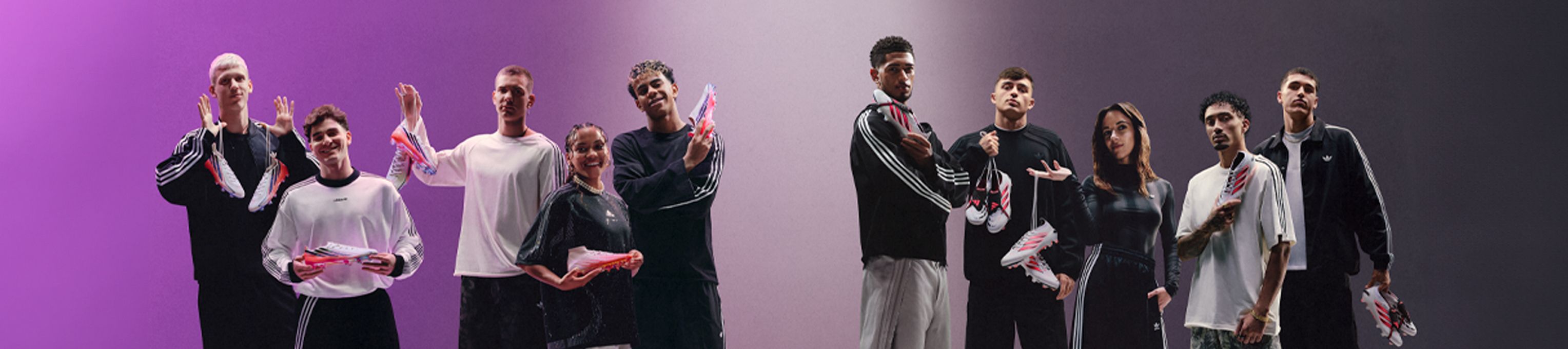 A group of people in athletic wear holds sports shoes against a gradient background transitioning from purple to gray.