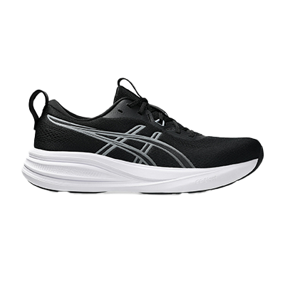 Black athletic shoe with white sole and grey accents, featuring a loop at the heel for easy wear, viewed from the side.