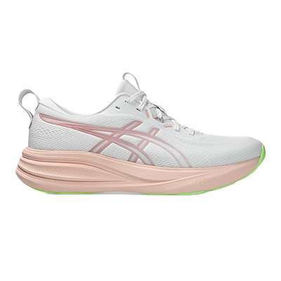 Side view of a white athletic shoe with pink accents, a thick pink sole, and a light green outsole, featuring a loop at the heel.