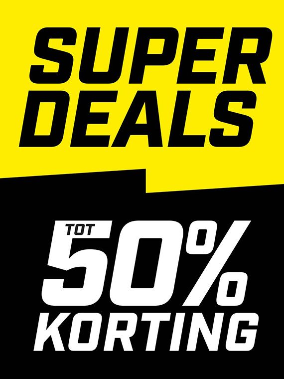 Bold text on a yellow and black background reads, "Super Deals Tot 50% Korting," indicating a sale with discounts up to 50%.