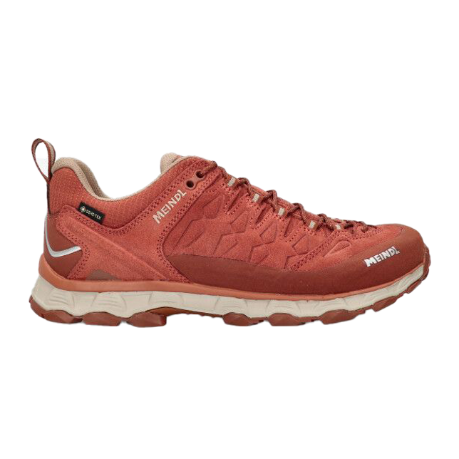 Rust-colored hiking shoe with beige sole, textured upper, and lace-up front. Features side branding and a padded ankle collar.