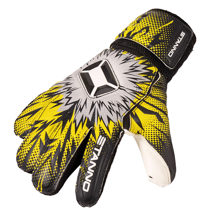 Yellow and black goalkeeper glove with a bold, graphic design and "STANNO" branding on the fingers.