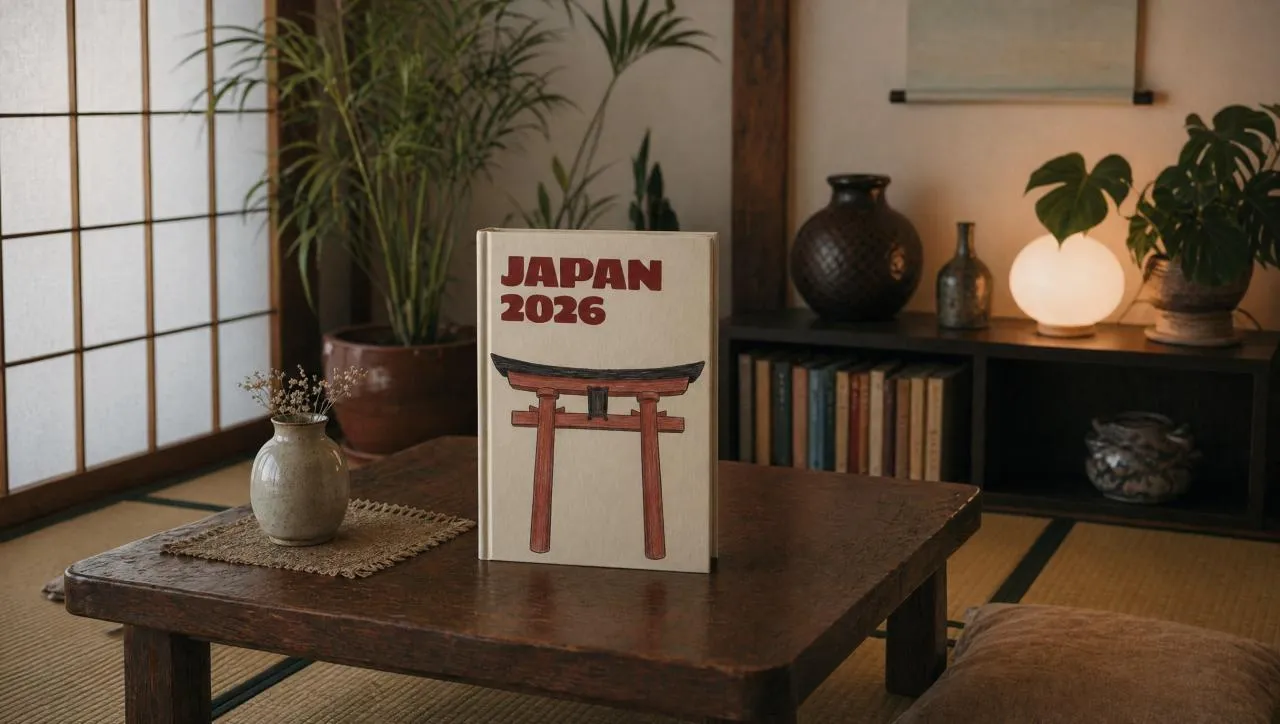 A peaceful Japanese-inspired room features a table with a book titled "Japan 2026," flanked by plants and traditional decor.