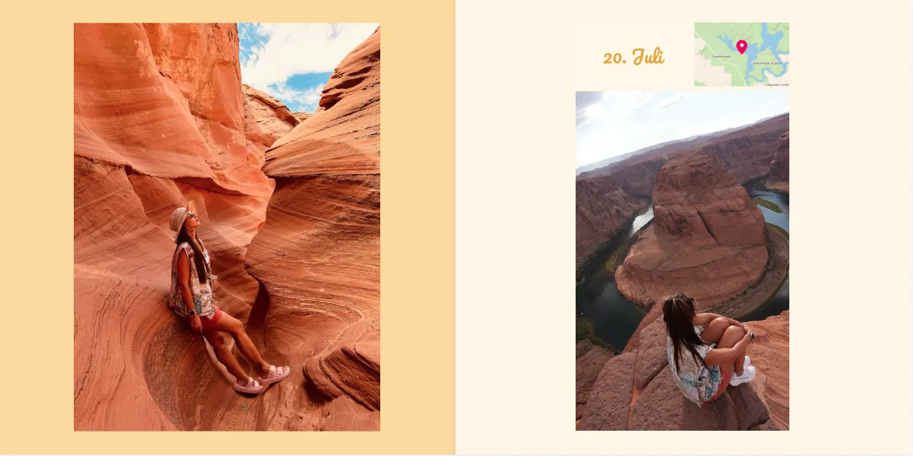 Zwei Seiten aus Sarah Engels Reisefotobuch mit Fotos von Sarah im Grand Canyon inklusive Datum und Landkarte.