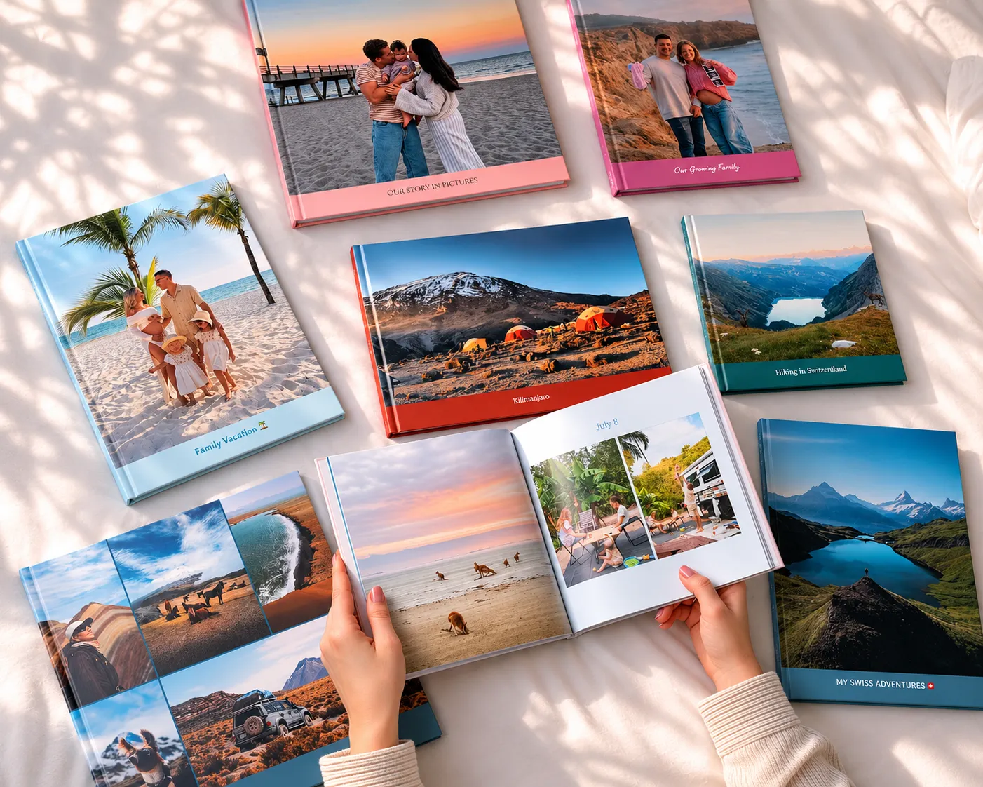 Hands holding an open photo book, surrounded by seven colorful photobooks with travel and family images on a sunlit surface.