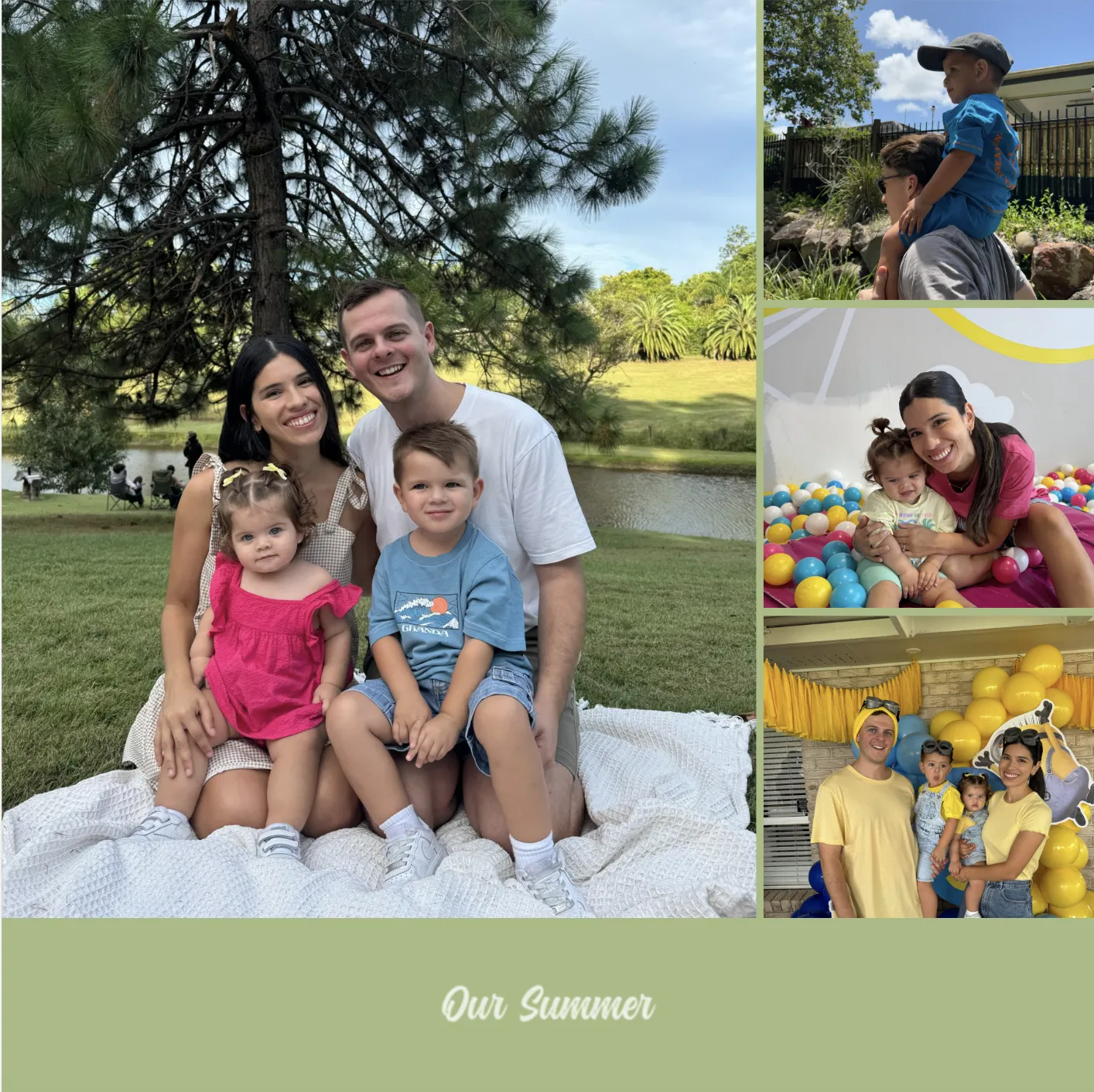 Eine vierköpfige Familie sitzt auf einer Decke am See; die Bilder daneben zeigen lustige Momente mit den Kindern. Der Text lautet: „Unser Sommer“.