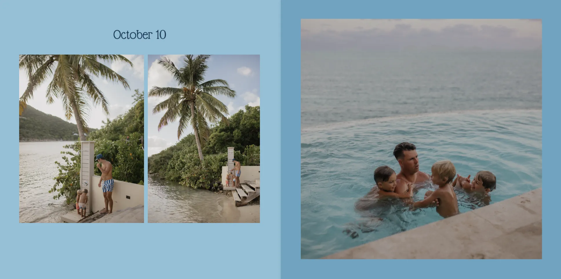 Eine Familie chillt in tropischer Umgebung; die Kids spielen neben Palmen und planschen mit einem Erwachsenen im Infinity-Pool mit Blick aufs Meer.