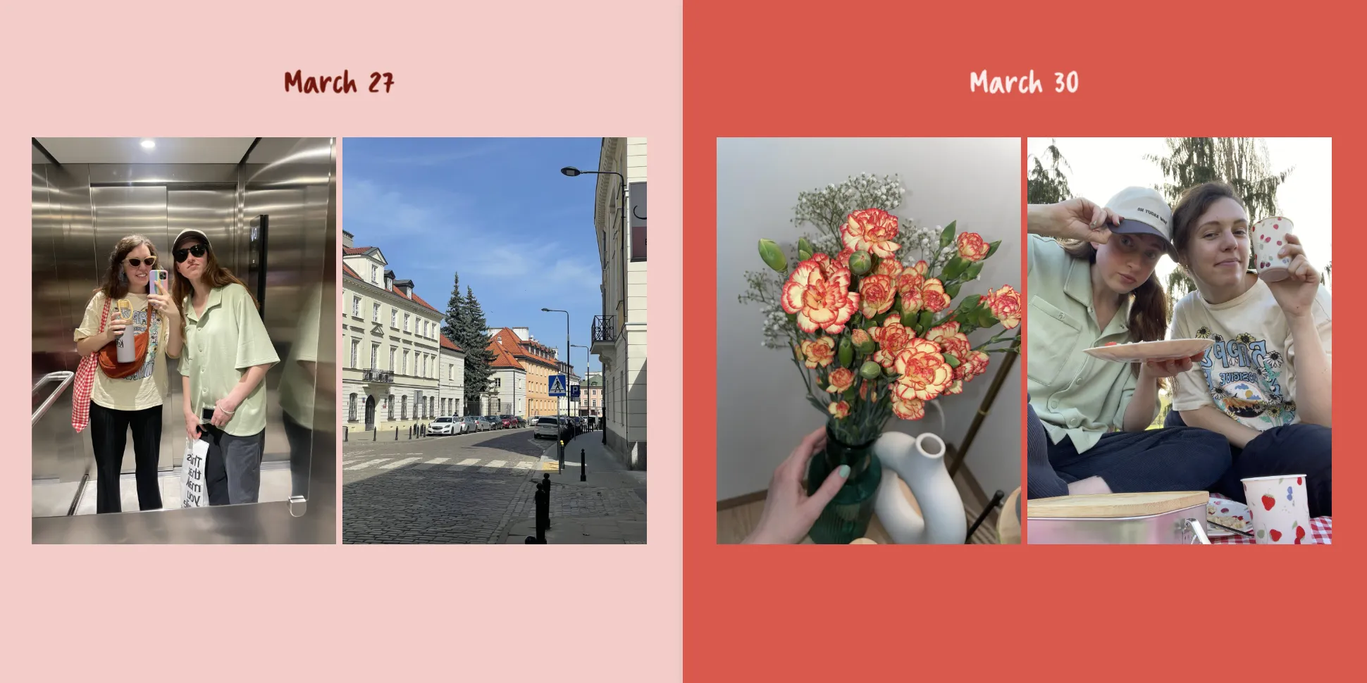 Collage mit zwei Daten: Am 27. März sieht man zwei Leute in einem Aufzug und eine Straßenansicht; am 30. März sieht man Blumen und zwei Leute, die draußen posieren.