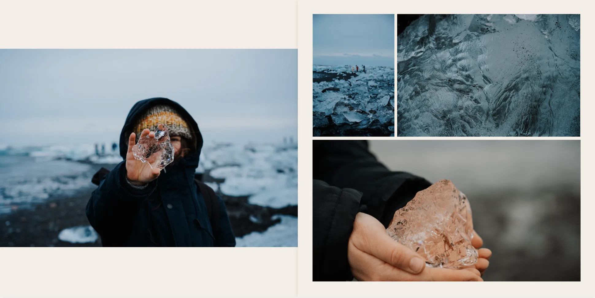 Jemand in Winterklamotten hält Eis in der Hand, mit einer eisigen Landschaft und Nahaufnahmen von Eistexturen im Hintergrund.