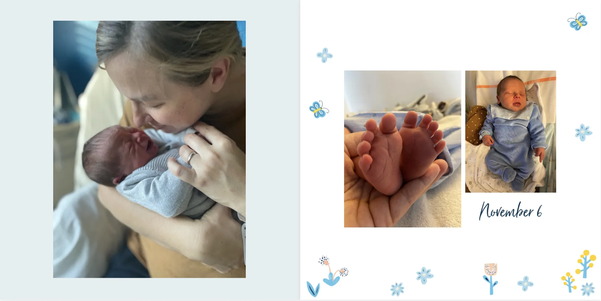 Eine Mutter wiegt ihr Neugeborenes im Arm; rechts sind Fotos vom Fuß und vom ganzen Körper des Babys zu sehen, dazu Blumendekorationen und der Text „6. November“.