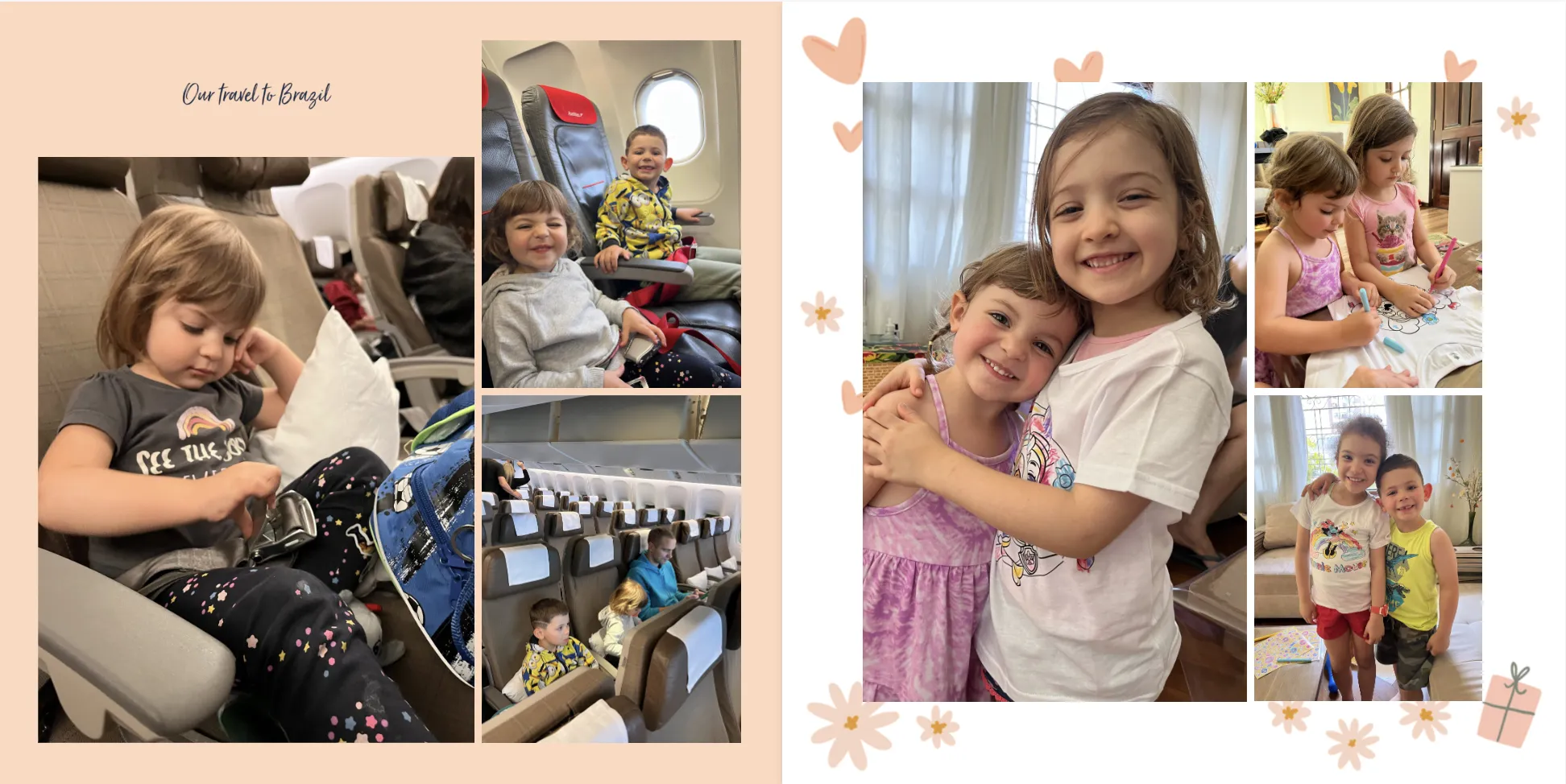 Collage von Kindern im Flugzeug und zu Hause, die lächeln und sich umarmen, mit lustigen Deko-Elementen und dem Text „Unsere Reise nach Brasilien“.