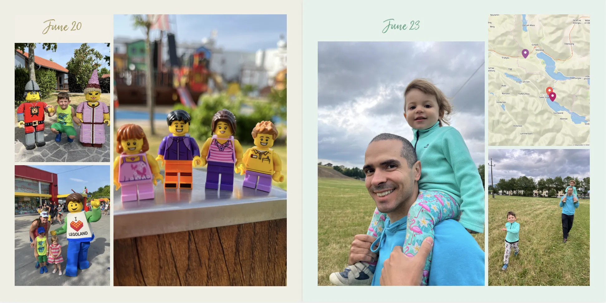Collage von Fotos vom Familienausflug: LEGO-Figuren, Kinder mit Erwachsenen und eine Karte. Die Daten „20. Juni“ und „23. Juni“ sind vermerkt.