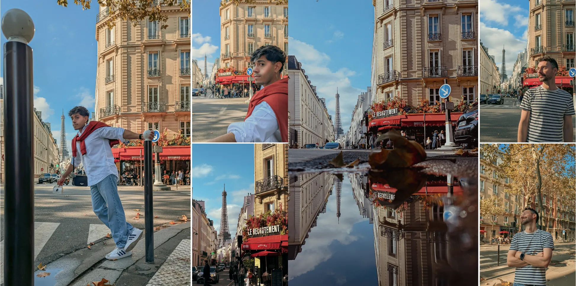 Collage von einer Person in Paris, einer Straßenansicht mit Spiegelung in einer Pfütze und Bäumen mit Herbstblättern.