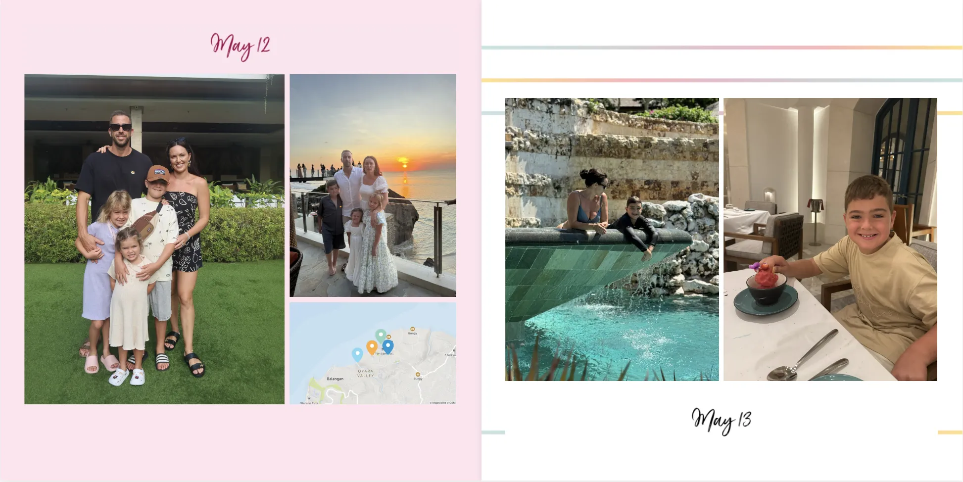 Eine Familie chillt am Meer bei Sonnenuntergang, entspannt am Pool und geht in einem Restaurant essen. Mit einer Karte und Datumsangaben: 12. Mai und 18. Mai.