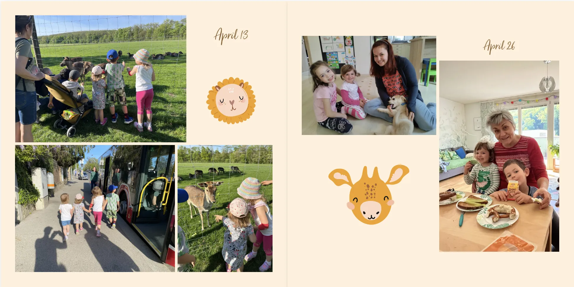 Kinder auf einem Ausflug in die Natur, wo sie Tiere treffen und am 18. und 24. April mit Erwachsenen Indoor-Aktivitäten machen. Verspielte Kritzeleien machen die Collage fertig.