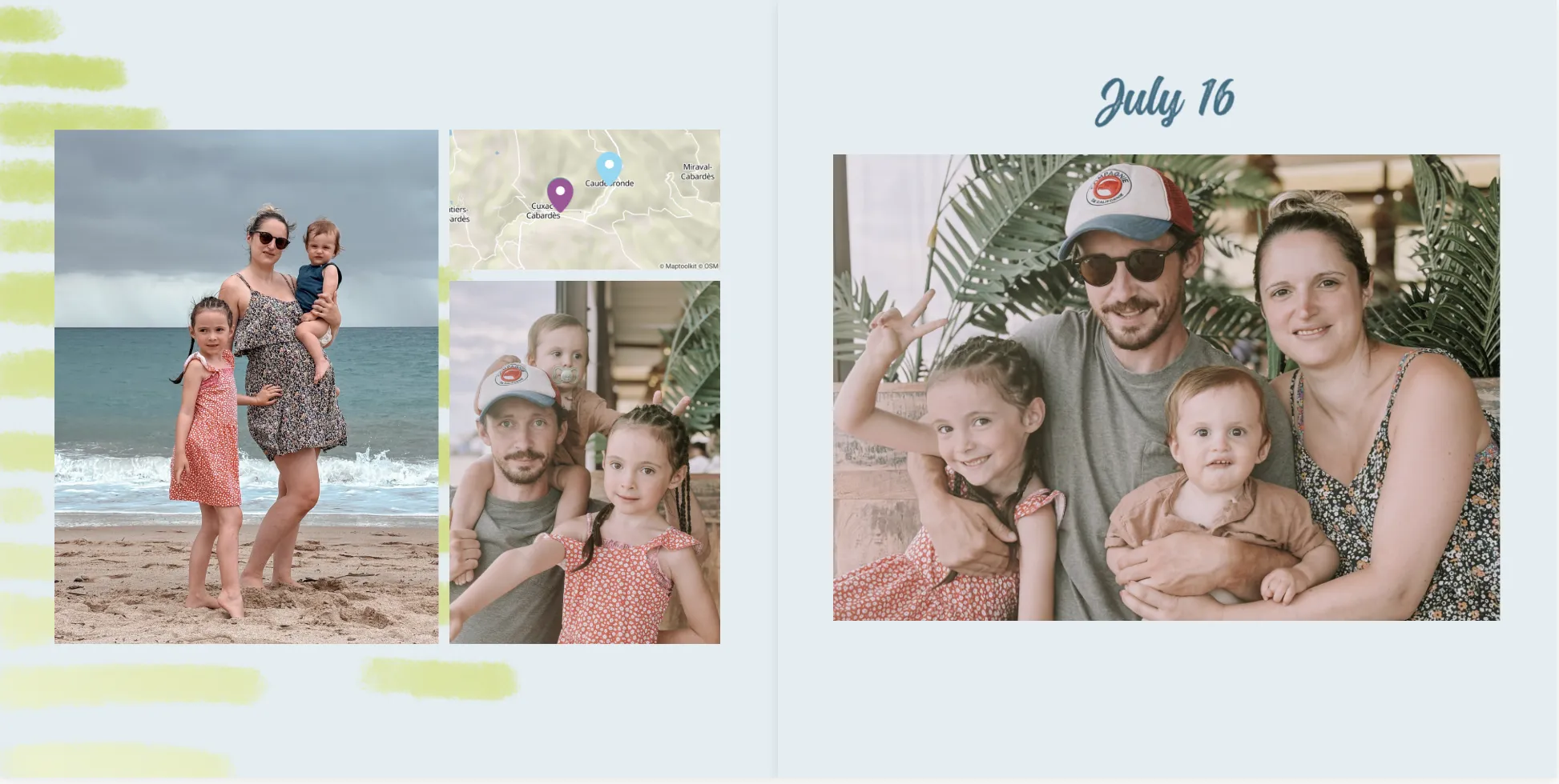 Familie am Strand mit zwei Kindern, die für Fotos posieren. Mit einem Ausschnitt aus einer Karte und dem Datum „16. Juli“.