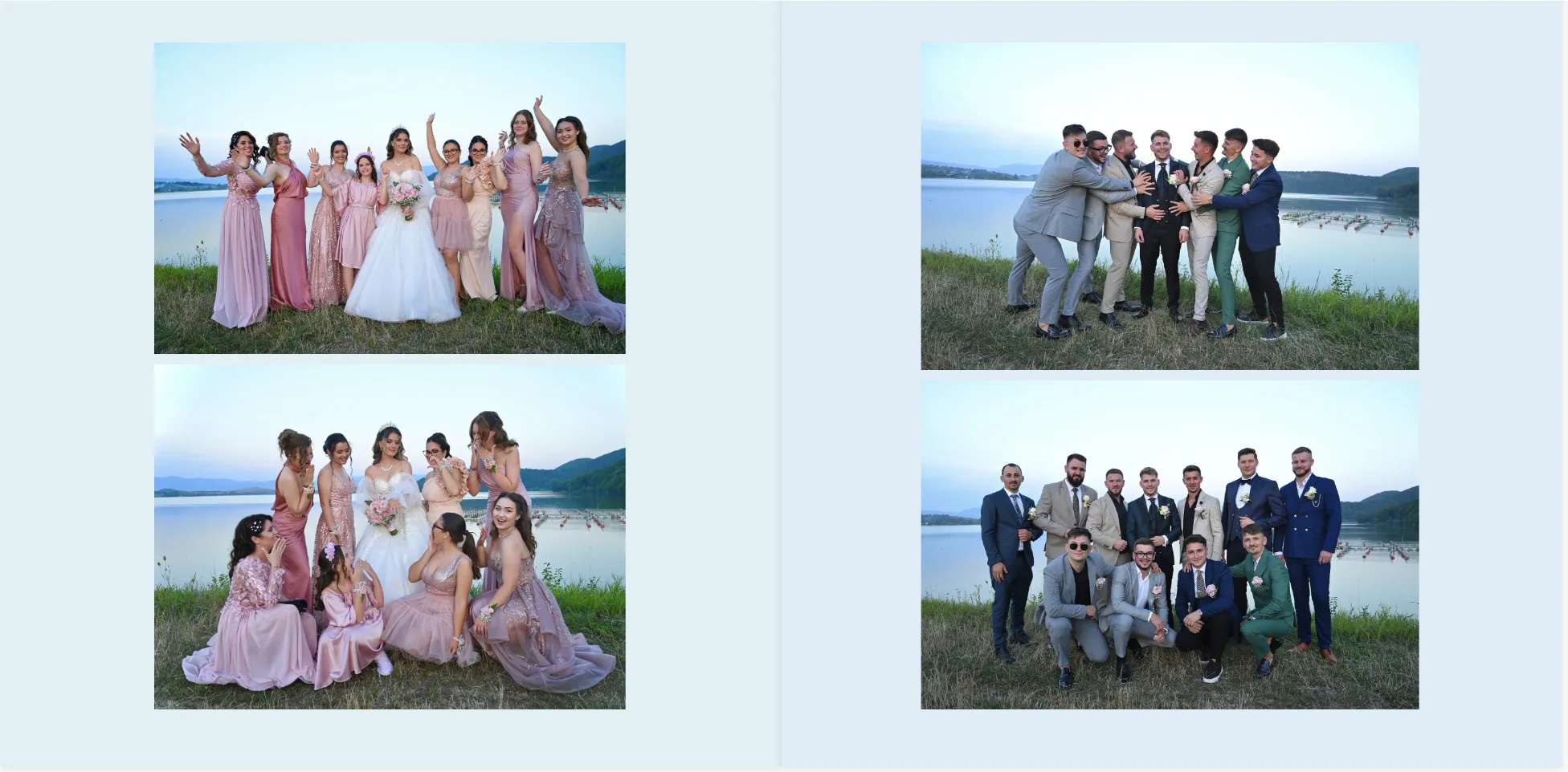 Ein paar Leute in schicker Kleidung machen draußen am See Fotos, die Frauen in rosa Kleidern und die Männer in Anzügen, während die Sonne untergeht.
