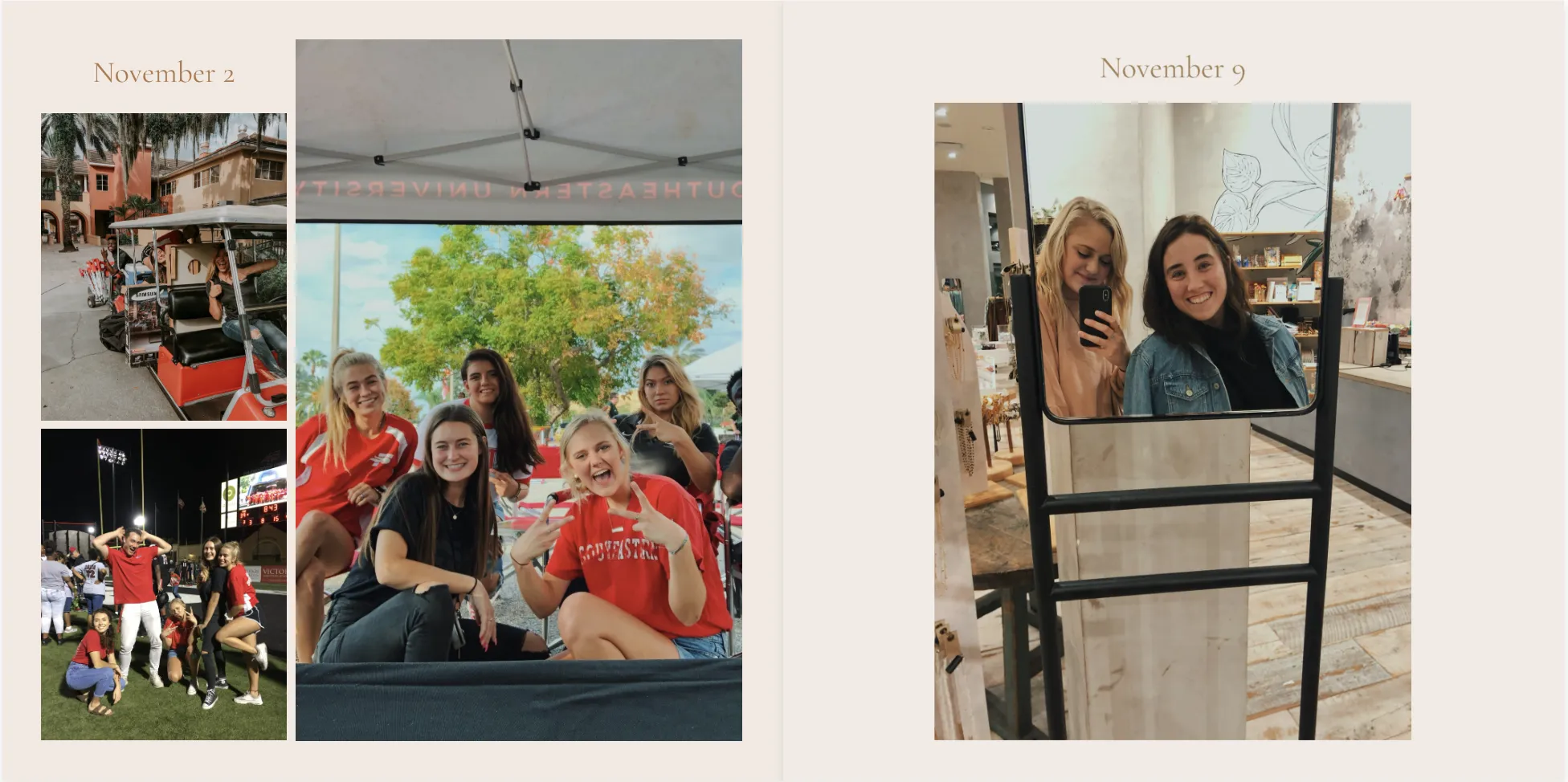 Collage aus zwei Events: Freunde bei einem Treffen im Freien am 2. November und zwei Leute, die am 9. November ein Spiegel-Selfie machen.