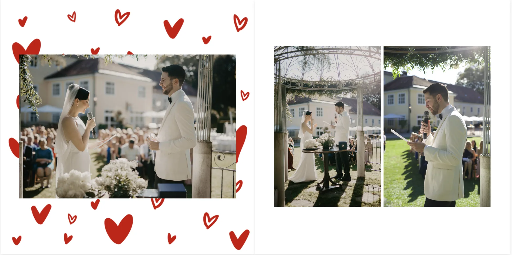 Bride and groom exchanging vows outdoors, surrounded by guests. Red heart decorations frame the scene.