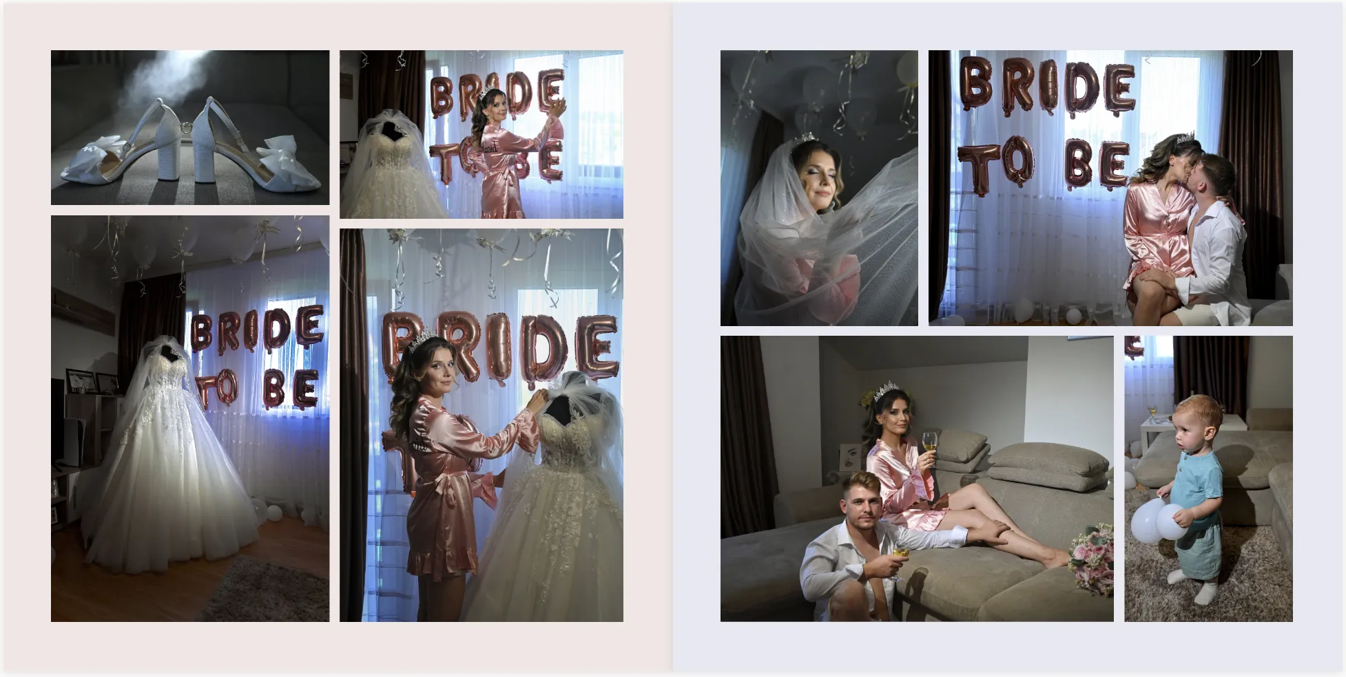 Collage von Hochzeitsvorbereitungen: Schuhe, Kleid, Luftballons, Braut und Kind in rosa Gewändern und ein Paar auf einem Sofa mit einem Kleinkind.