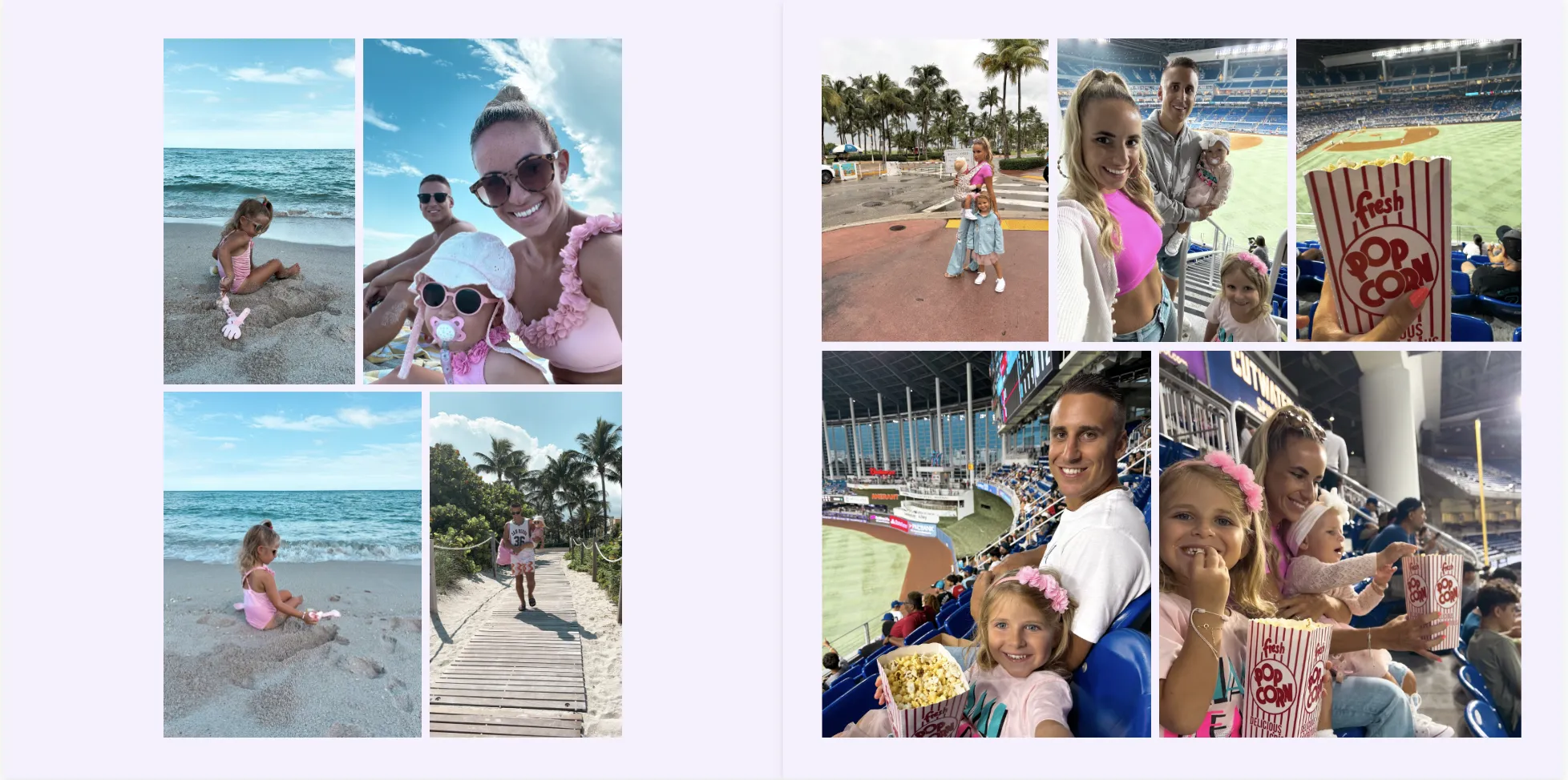 Eine Familie am Strand und bei einem Baseballspiel, die das sonnige Wetter, Snacks und die gemeinsame Zeit genießt.
