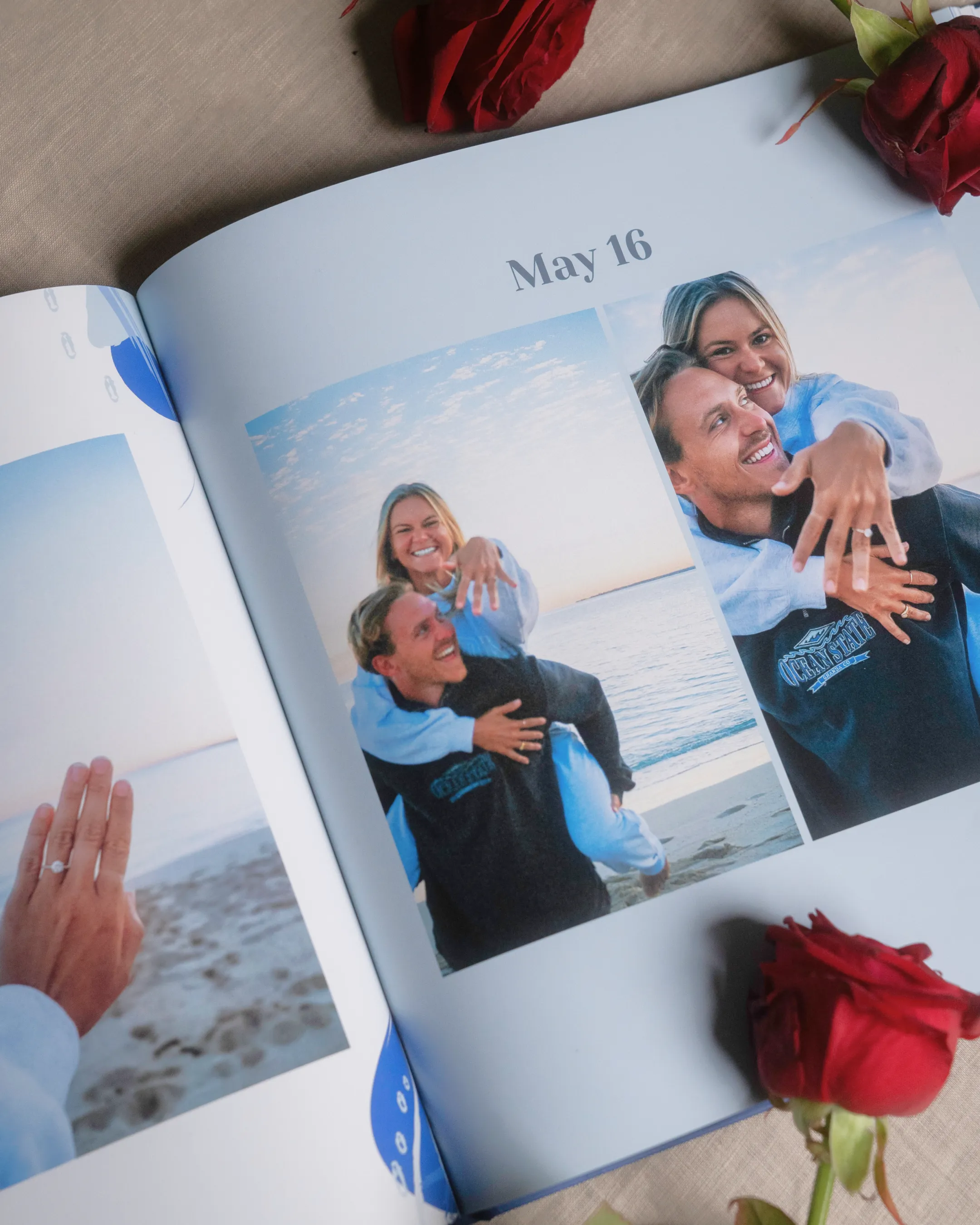 Open photo album showing a couple at the beach, one image of a hand with a ring, surrounded by red roses. Date "May 16" is visible.