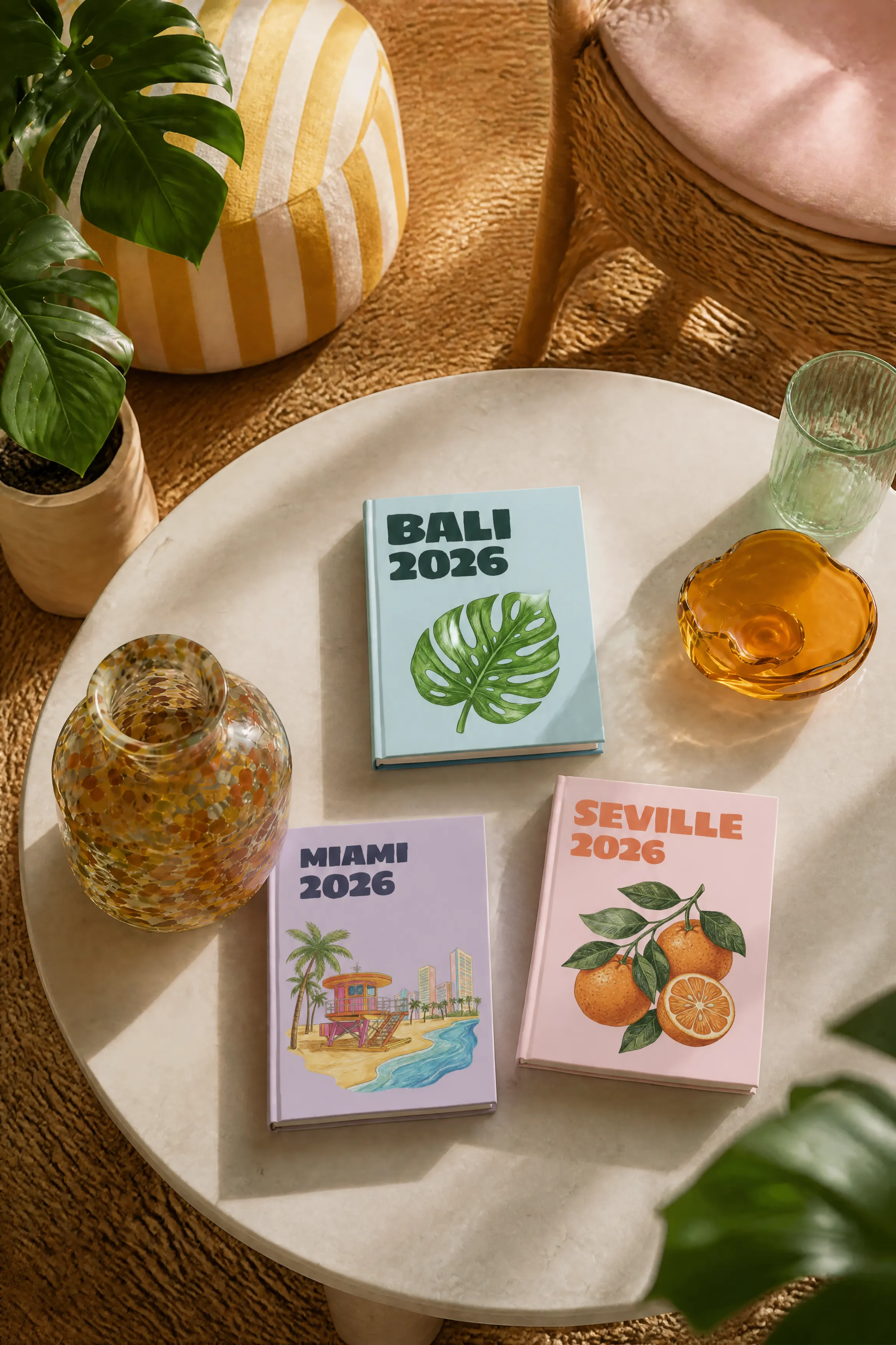 Drei farbenfrohe Reisefotobücher mit den Titeln „Bali 2026“, „Miami 2026“ und „Sevilla 2026“ auf einem runden Tisch mit Zierpflanzen und Glaswaren.