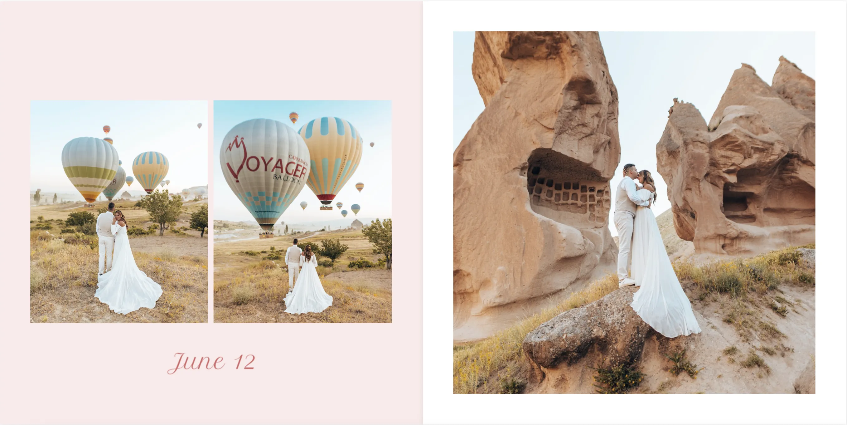 Ein Paar in Hochzeitskleidung posiert neben Heißluftballons und Felsformationen und umarmt sich vor einer malerischen Kulisse. Der Text lautet „12. Juni“.