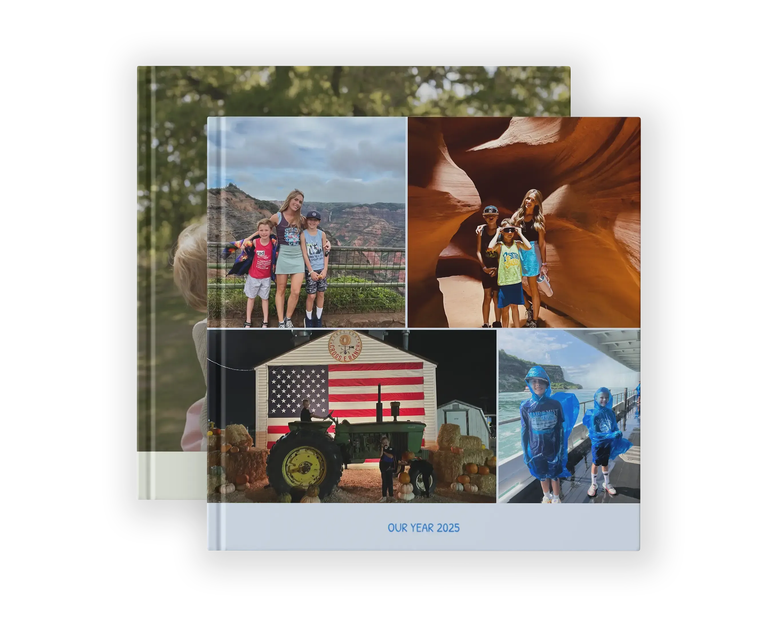 Square photo-book cover collage: family at canyon overlook, people in slot canyon, tractor with large American flag, two people in blue rain ponchos.
