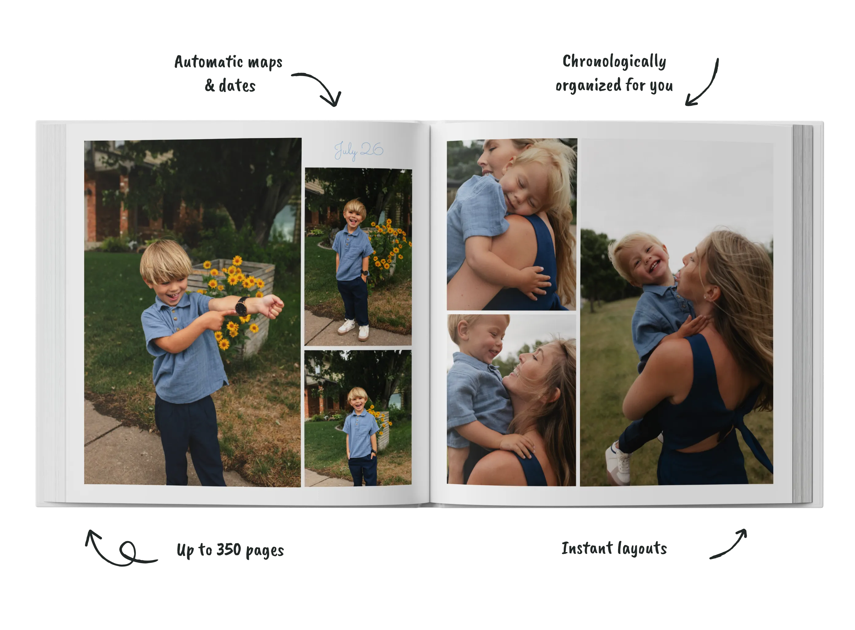 Open photo album showing a young boy holding sunflowers and hugging a woman outdoors, with playful and joyful expressions.