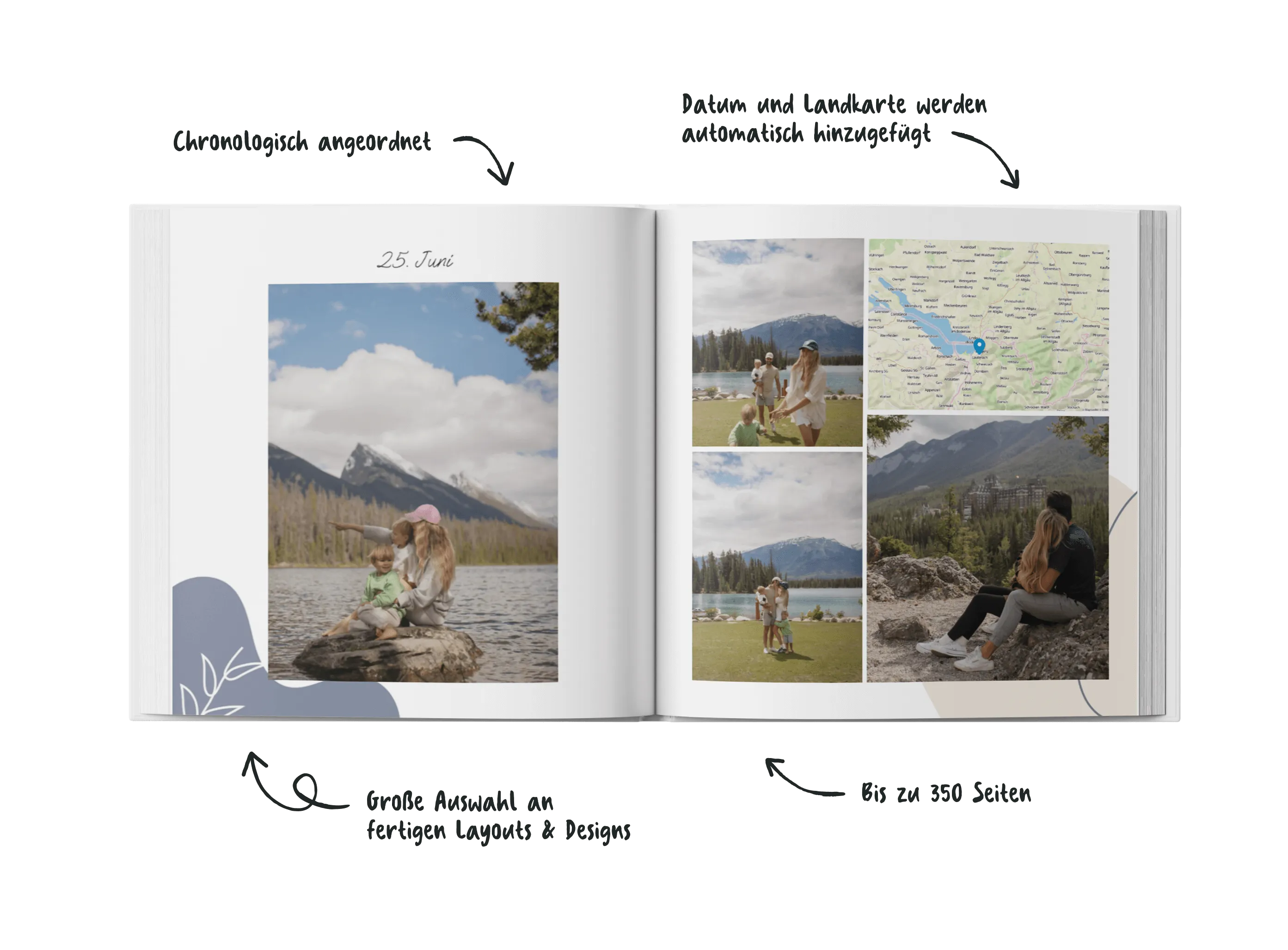 Aufgeschlagenes Fotobuch mit Naturaufnahmen, Bildunterschriften auf Deutsch und einer Landkarte. Zu den Highlights zählen Layout und Design.