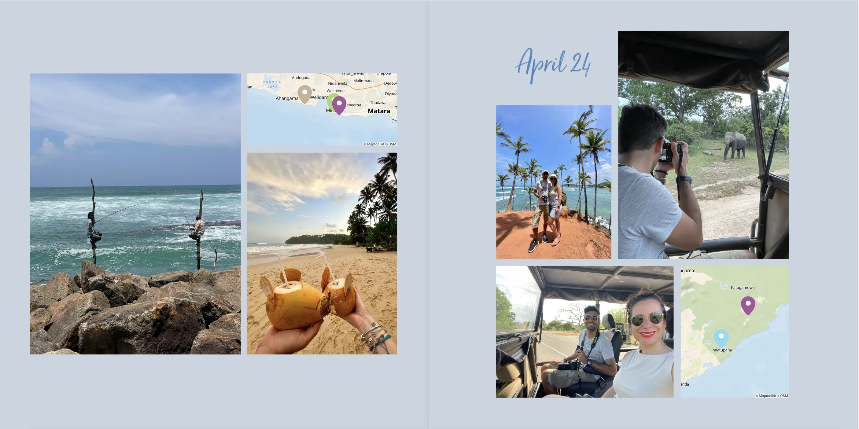 Collage aus Bildern von Strand, Safari und Reisekarte, mit Leuten auf Felsen, Kokosnussgetränken, Elefantenbeobachtung und einer markierten Karte.