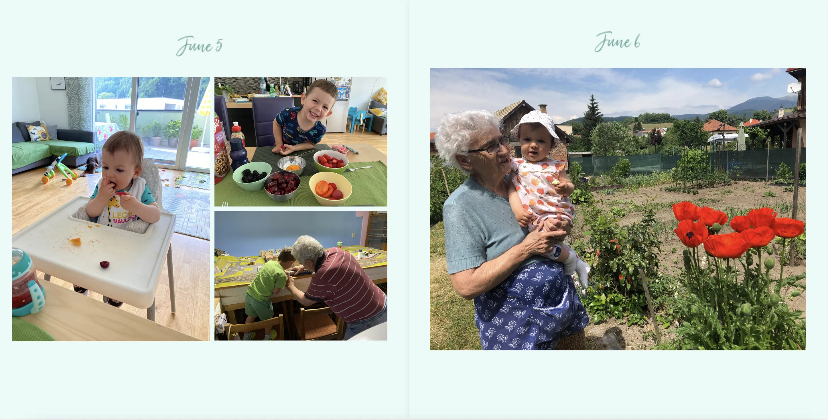 Linke Seite: Ein Kind isst am Tisch und spielt, mit einer Collage aus Essen und Aktivitäten. Rechte Seite: Eine ältere Frau hält ein Baby draußen in der Nähe von roten Blumen.