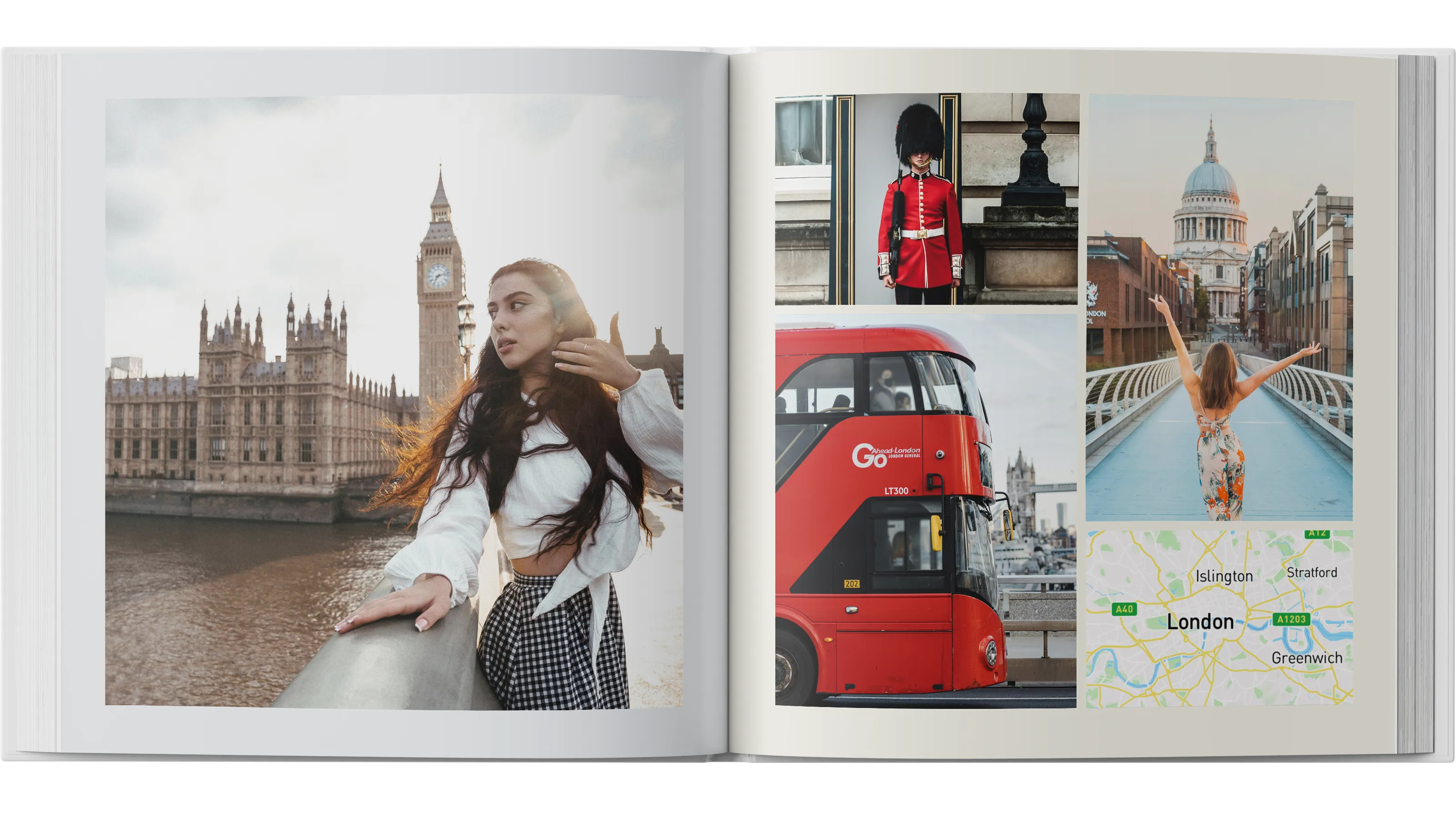 Offenes Fotobuch mit Bildern einer Frau auf einem Städtetrips in London.