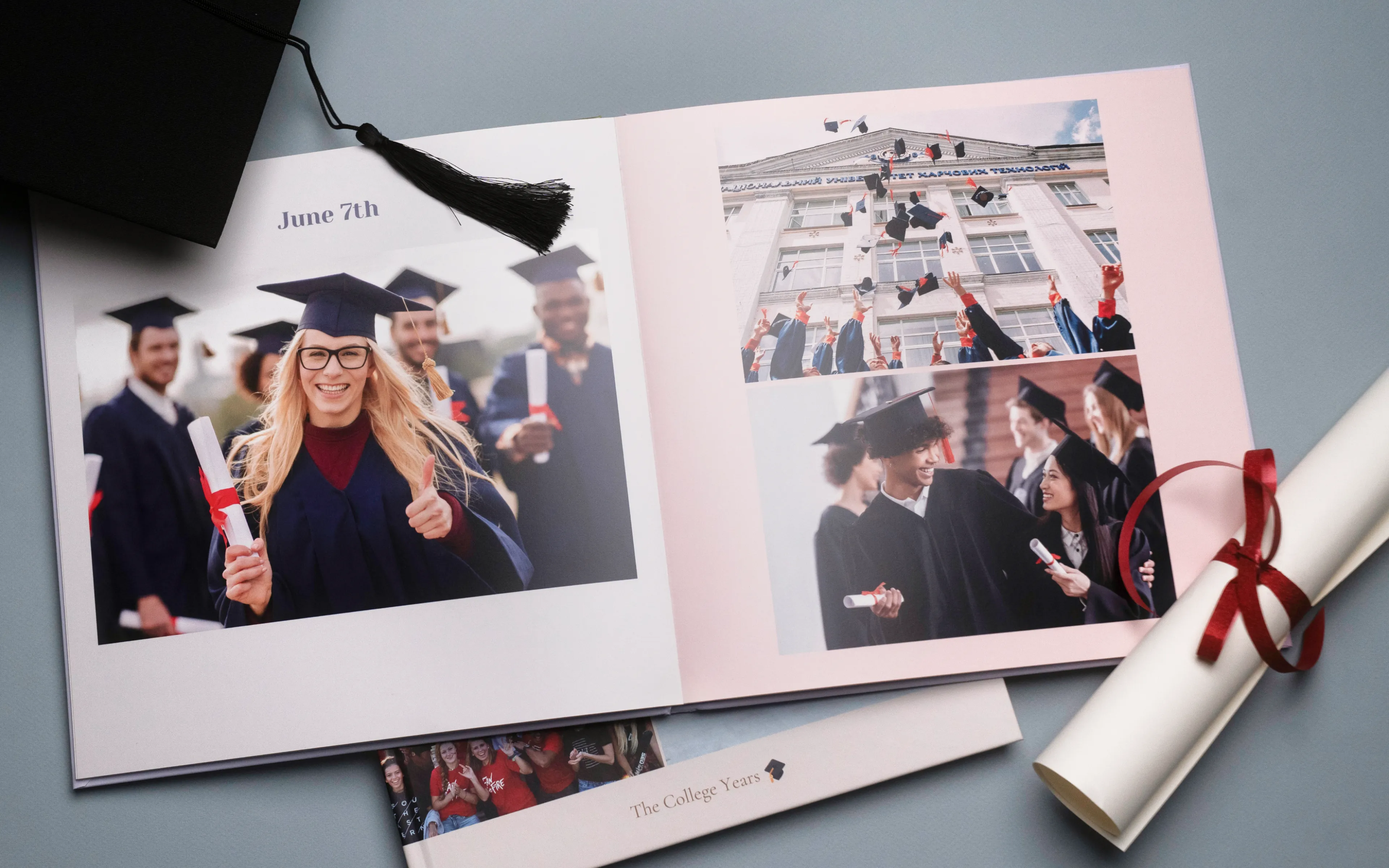 Open photo album showing graduation scenes: graduates in caps and gowns holding diplomas, with a building in the background.