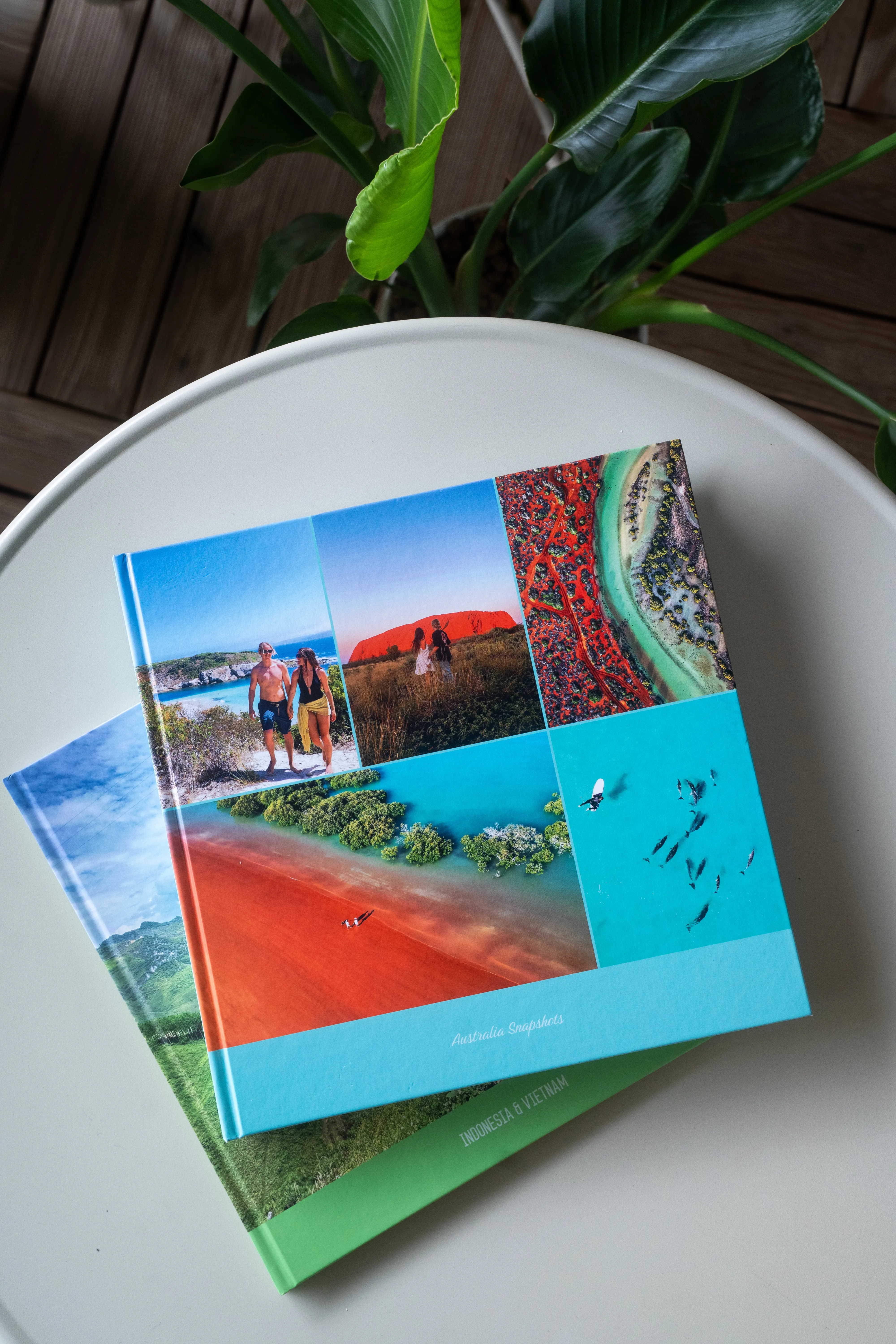 Two colorful photo books on a round table, featuring vibrant landscapes and aerial views. A green plant is nearby.