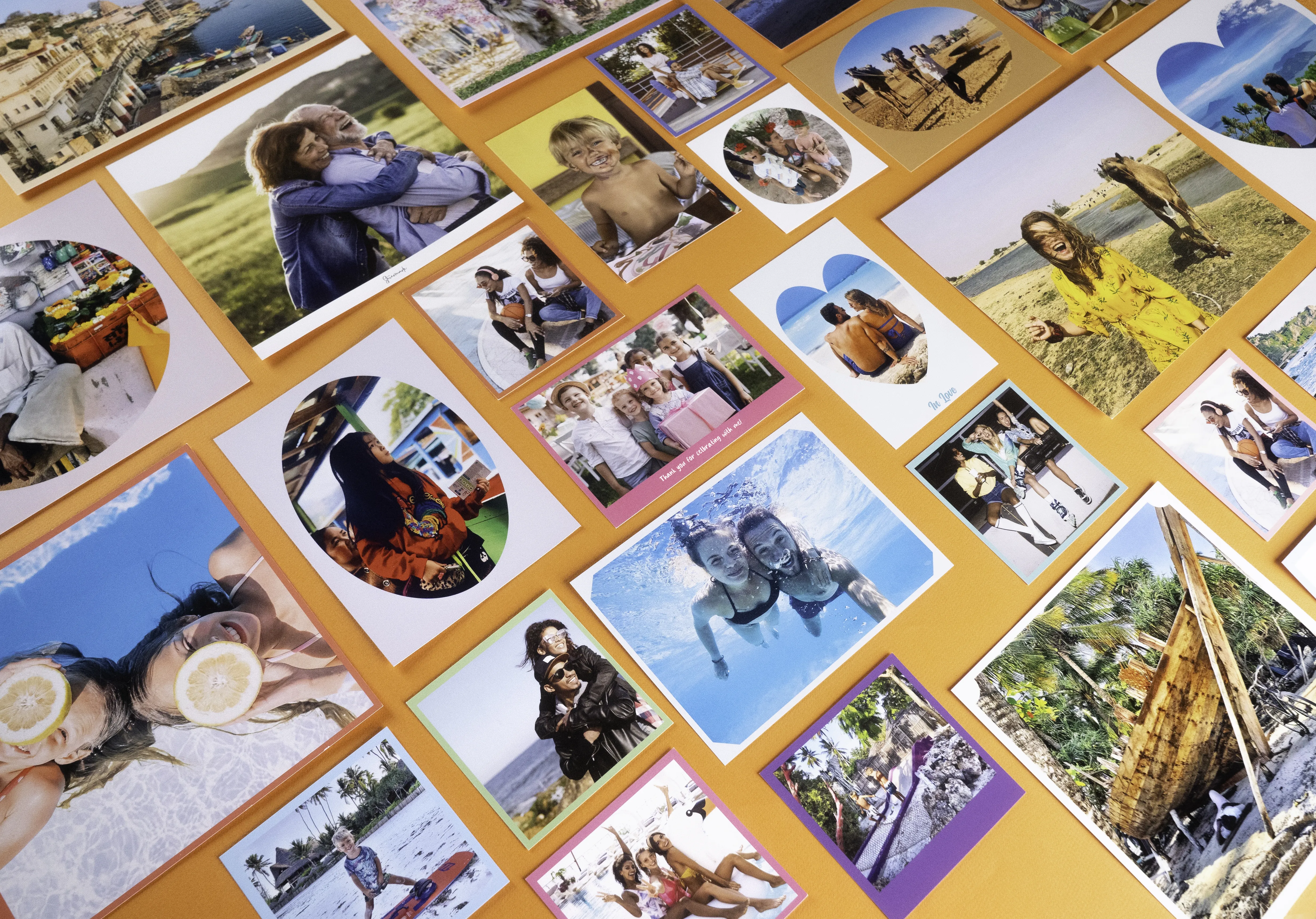 A collage of colorful vacation photo prints on an orange background, featuring people enjoying beach, pool, and travel activities.