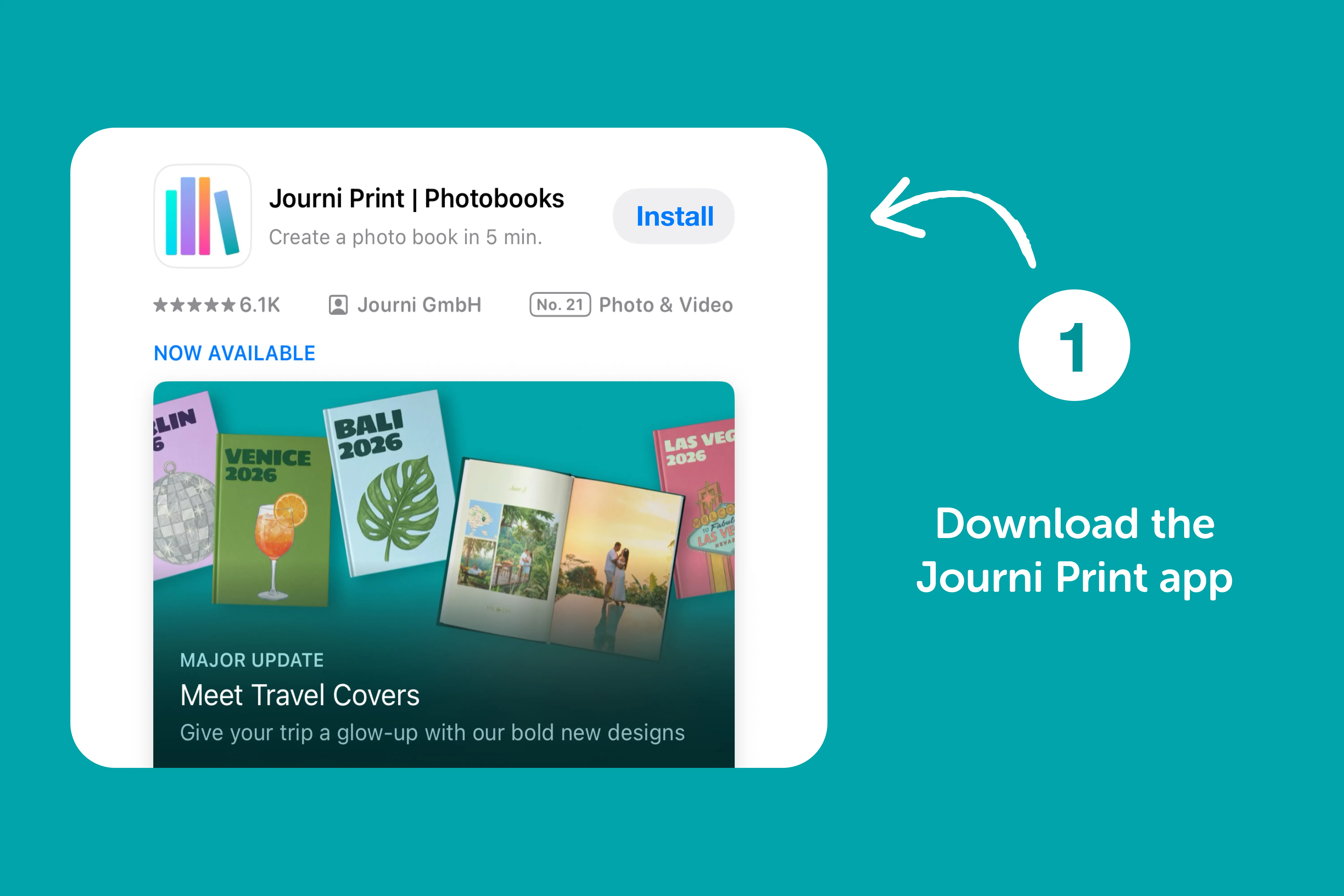 App store page for Journi Print | Photobooks with a 4.8-star rating, highlighting travel book covers and urging download.