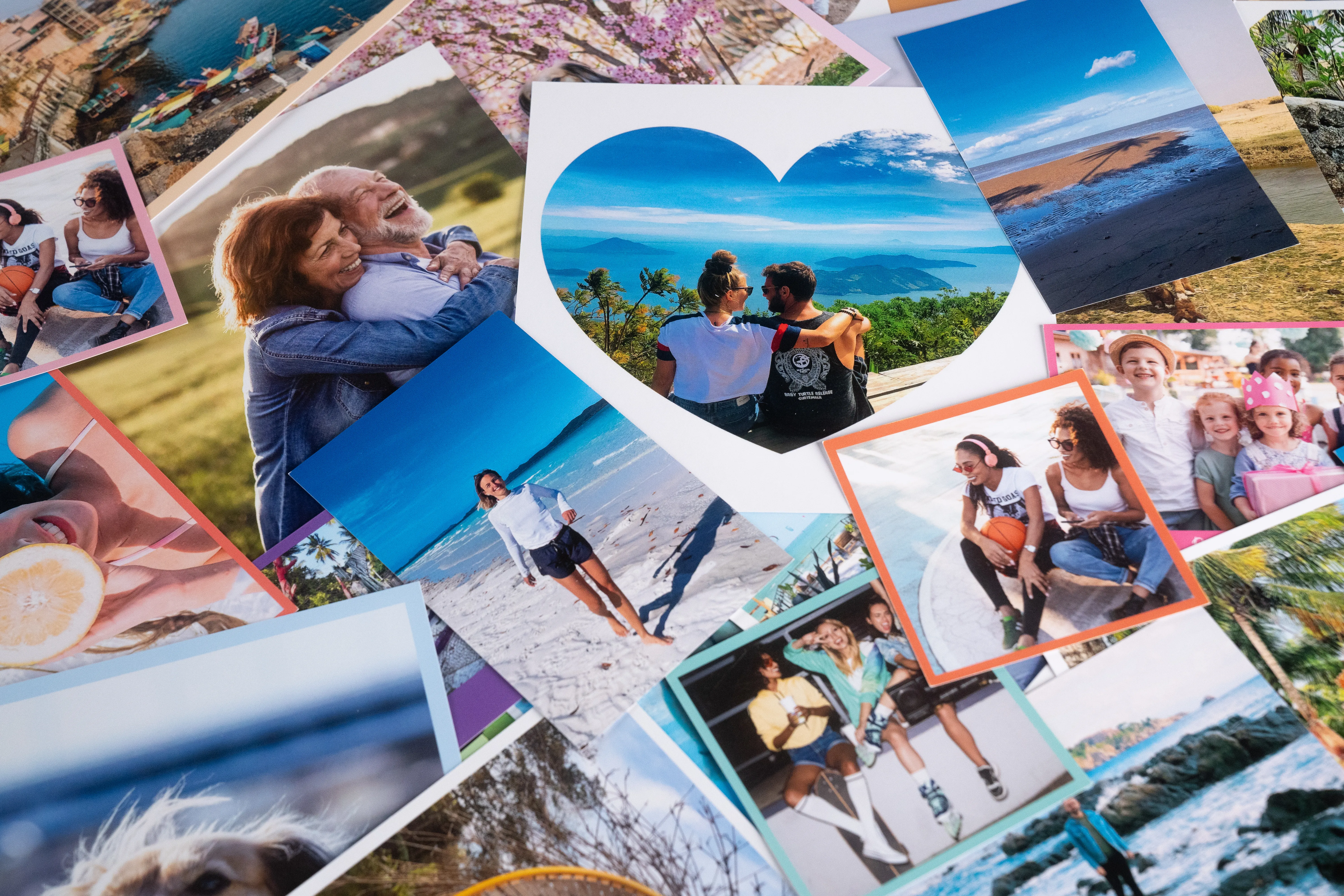 A collage of various family photos, including beach scenes, group portraits, and a heart-shaped image of two people overlooking a scenic view.