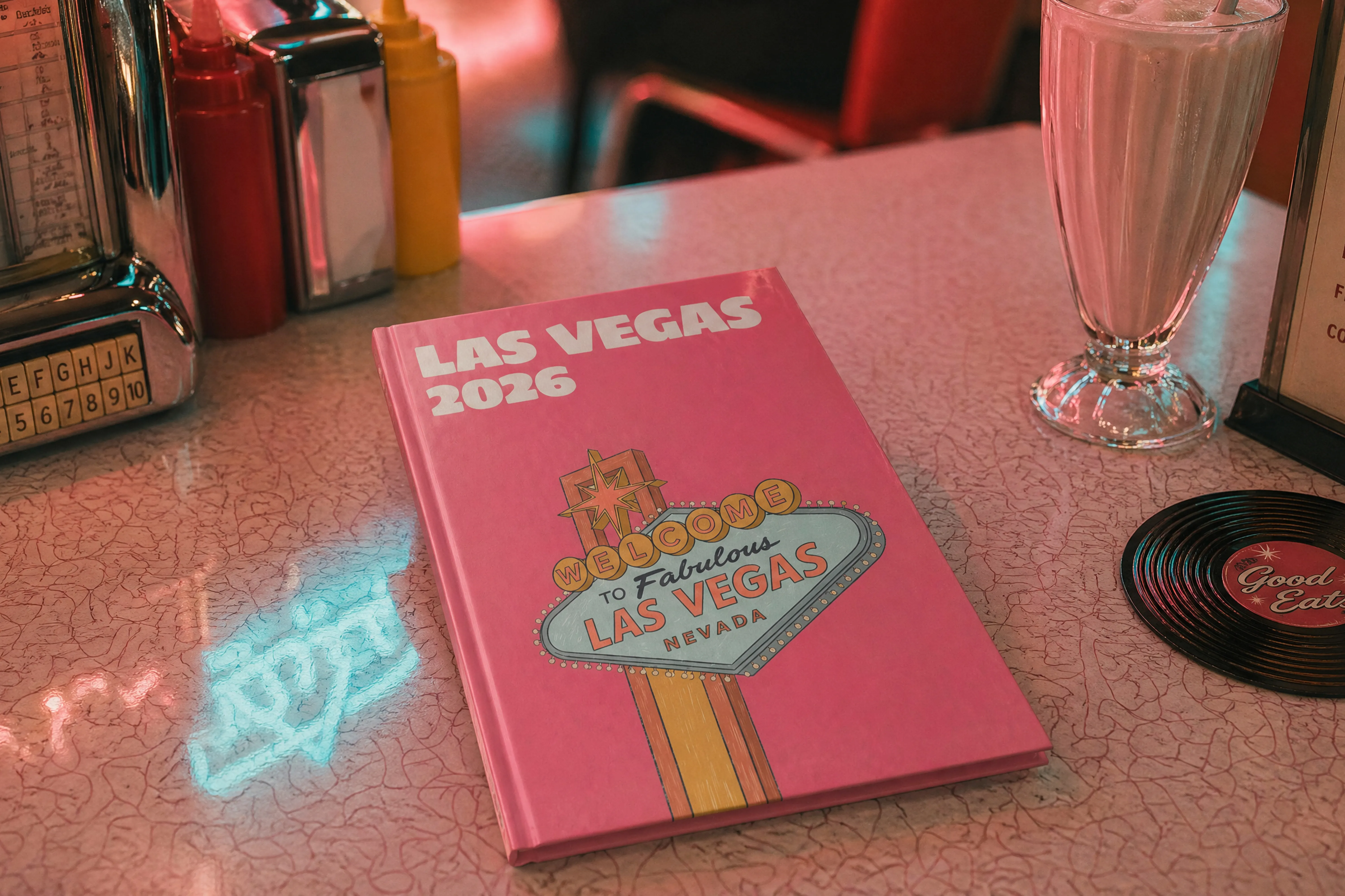 Pink "Las Vegas 2026" photo book on a retro diner table with a milkshake, condiments, and a jukebox.