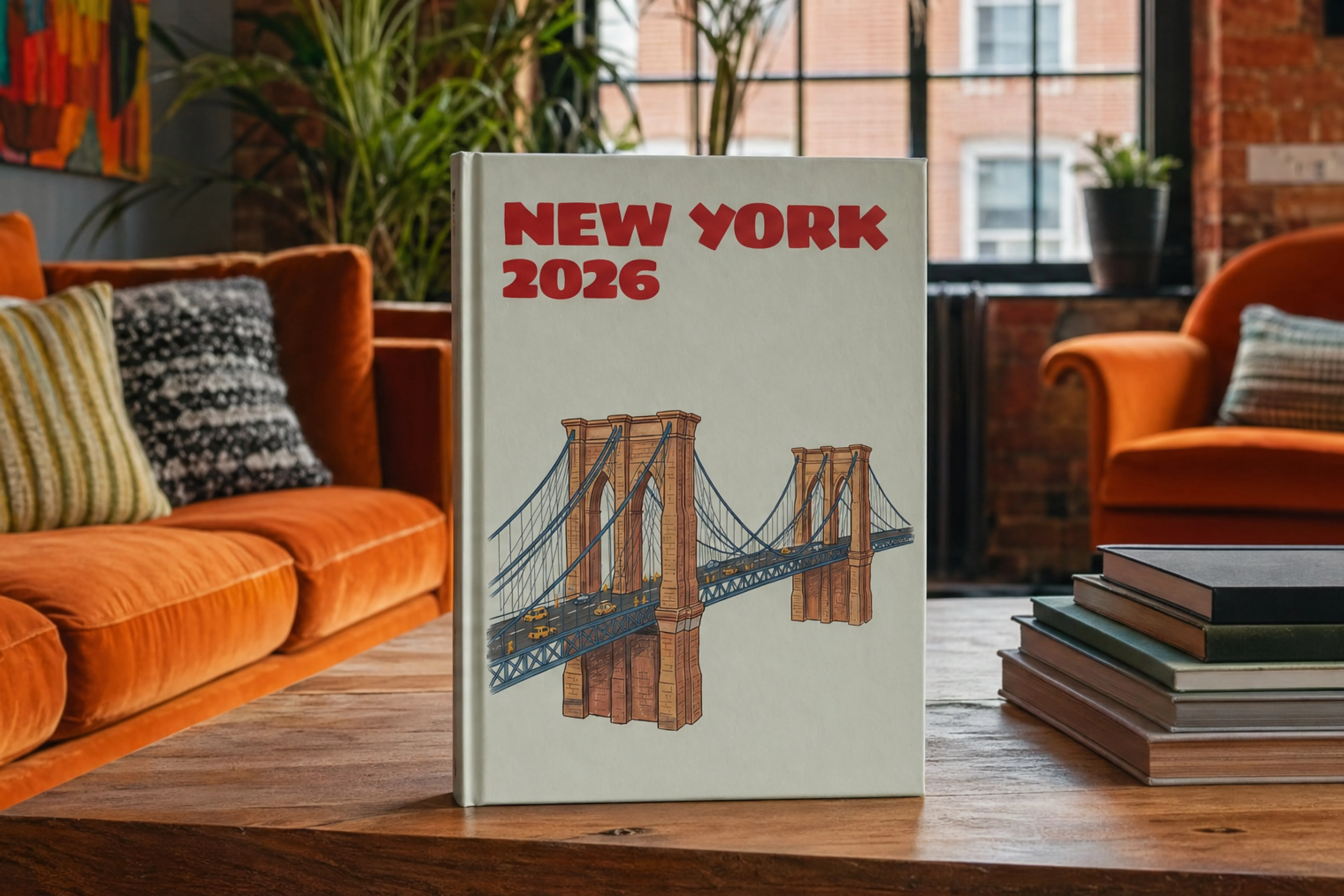 A travel photo book titled "New York 2026" with an illustration of the Brooklyn Bridge on a wooden table, surrounded by cozy couches and potted plants.