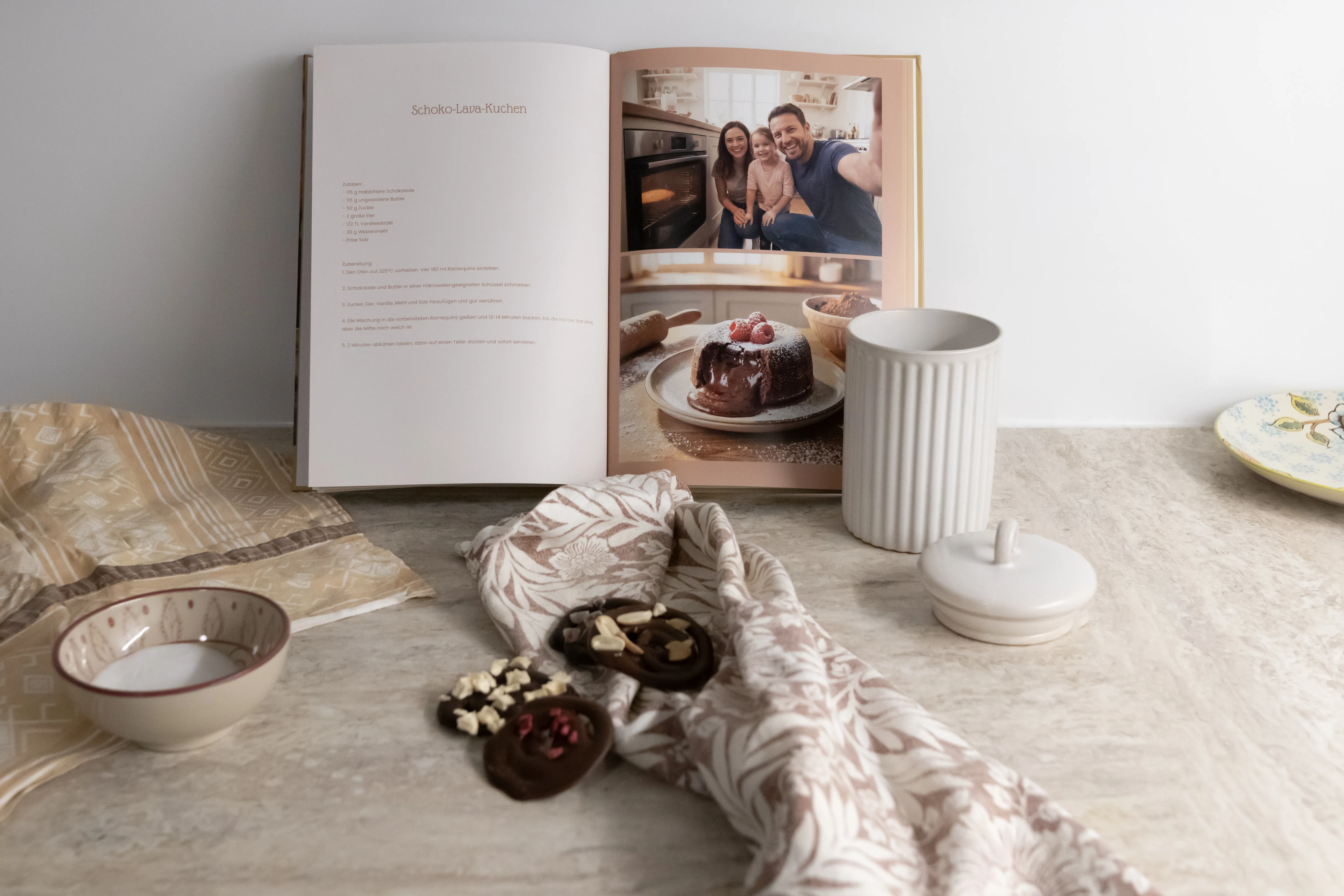 Offenes Kochbuch neben einem Keramikbecher, einer Schüssel und Schokoladensnacks auf einer hellen Arbeitsplatte mit einem gemusterten Tuch.