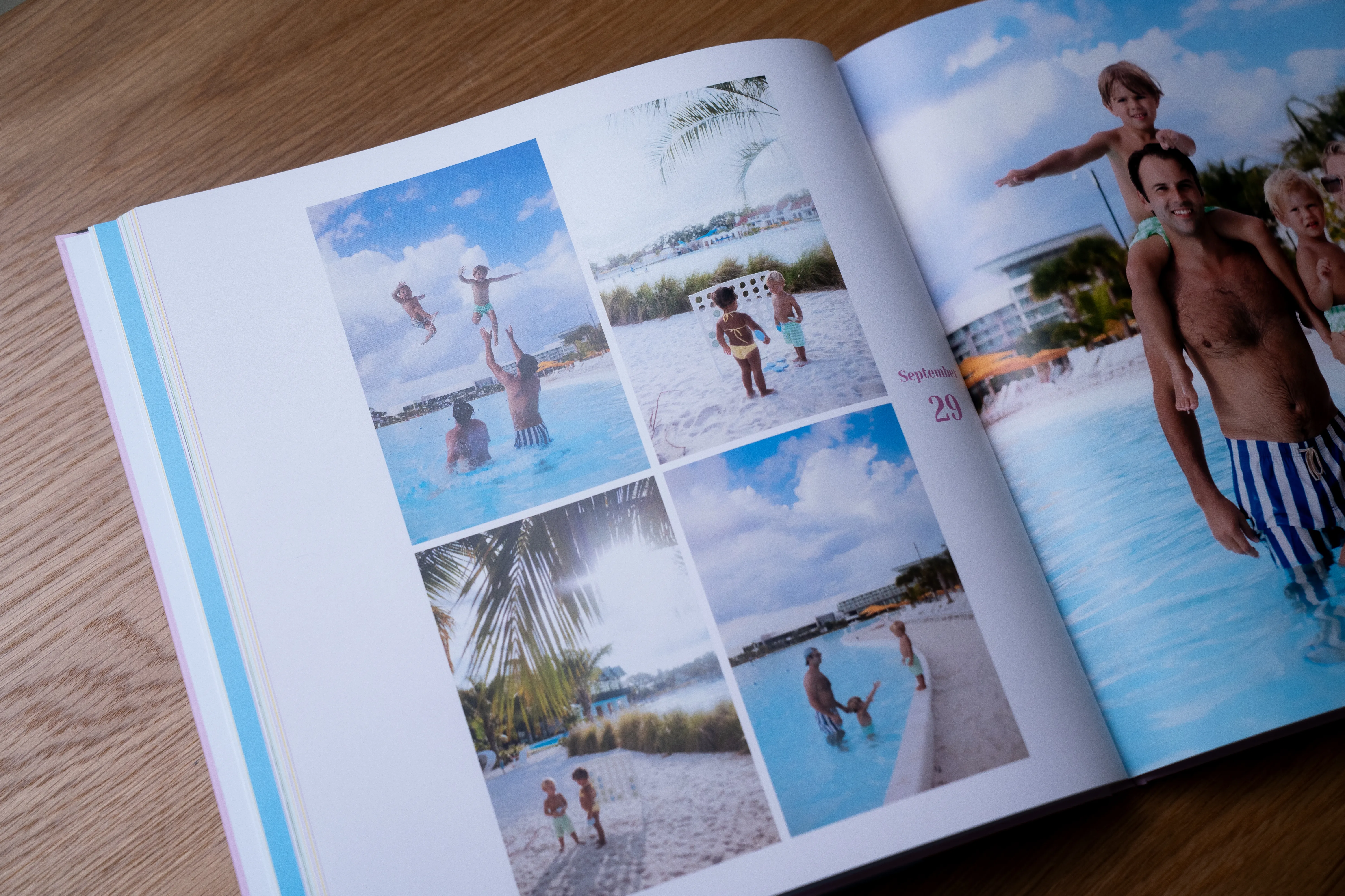 Open photo album with beach and pool scenes. Images show people playing at a pool and on the sand under a blue sky.