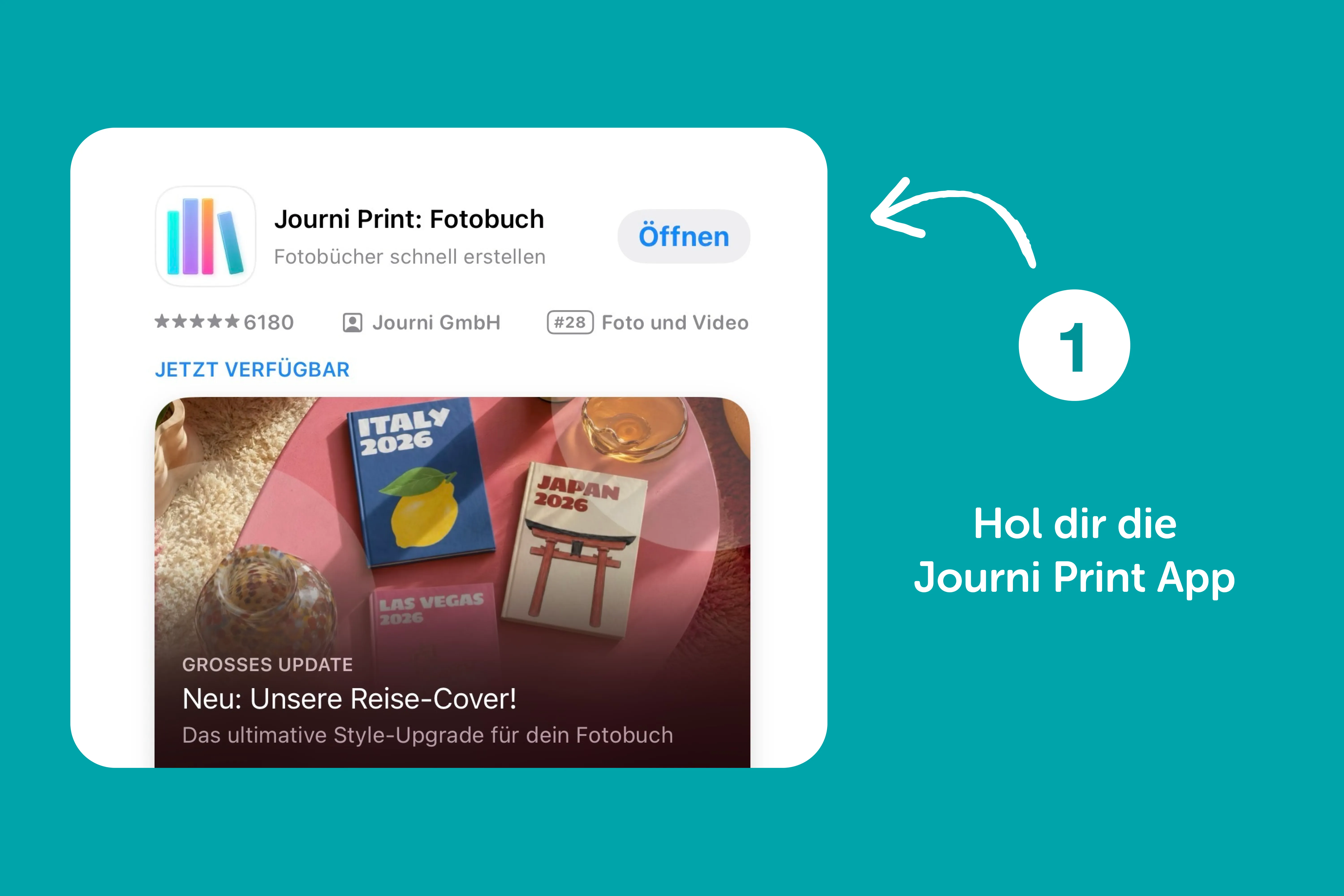 Schritt 1 erklärt, dass man sich die Journi Print App herunterladen muss.