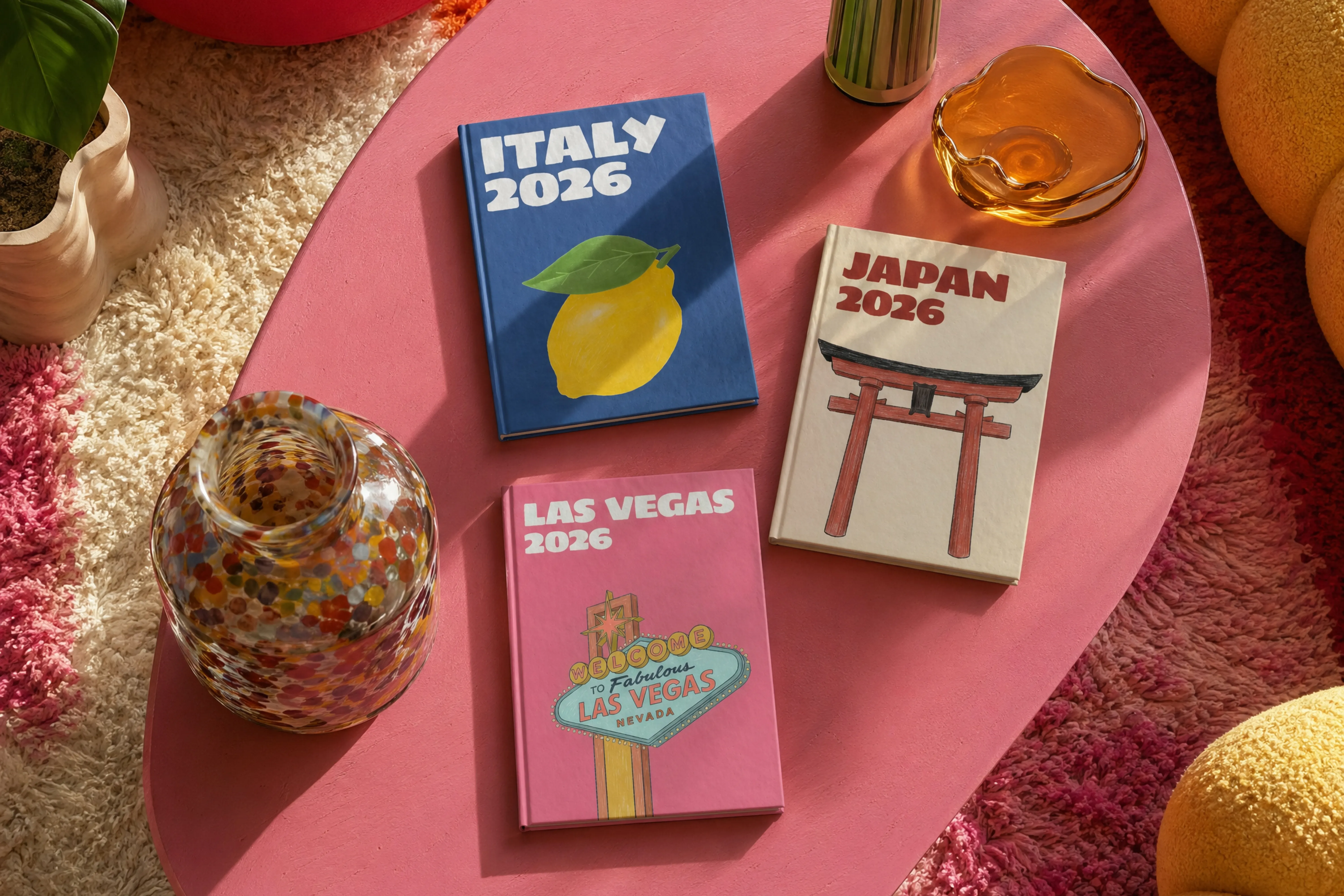 Three travel-themed books on a pink table: "Italy 2026" with a lemon, "Japan 2026" with a torii gate, and "Las Vegas 2026" with a neon sign.