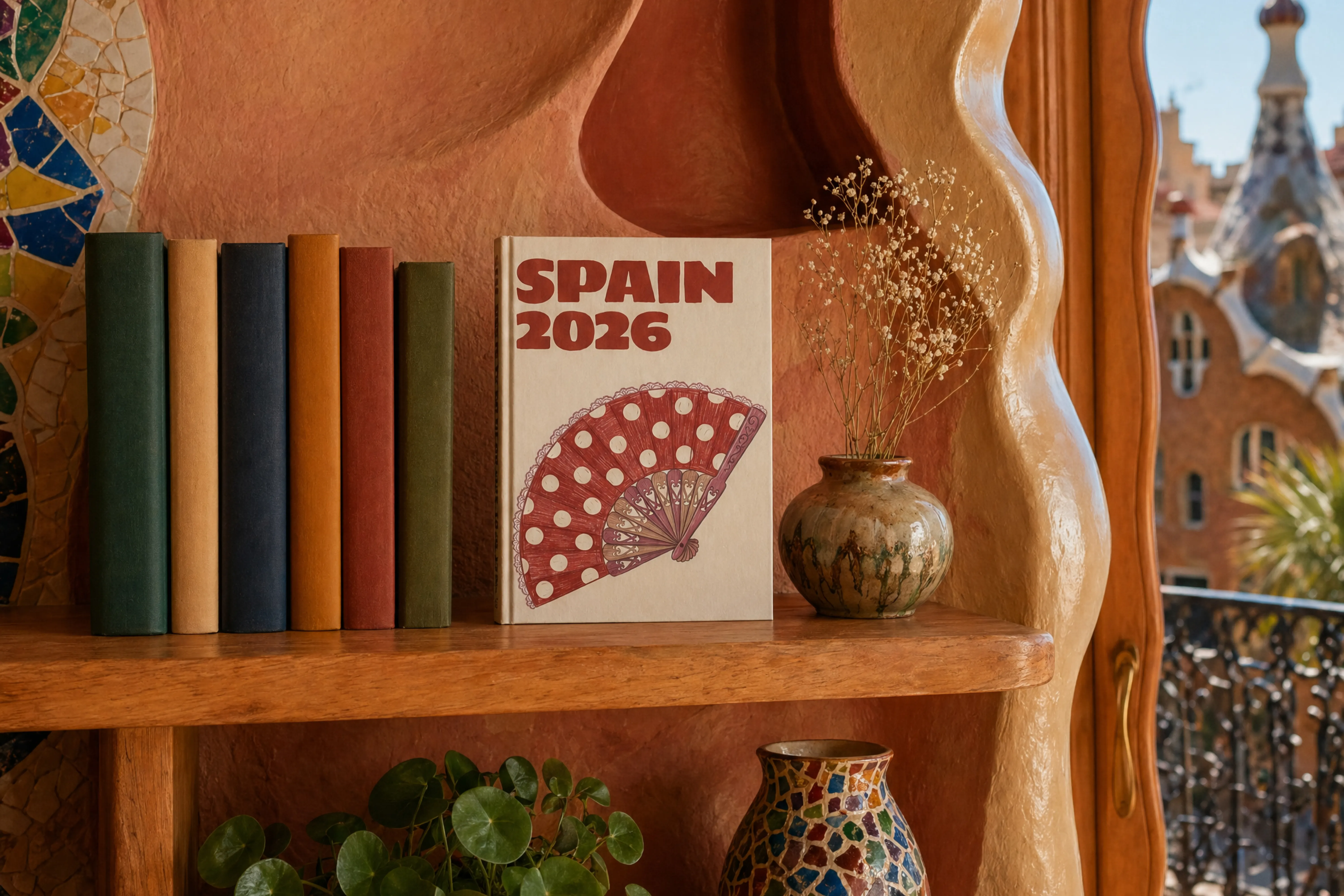 A Travel Photo Book and decorative items on a curved wooden shelf with "Spain 2026" book featuring a red fan, set against a colorful exterior backdrop.