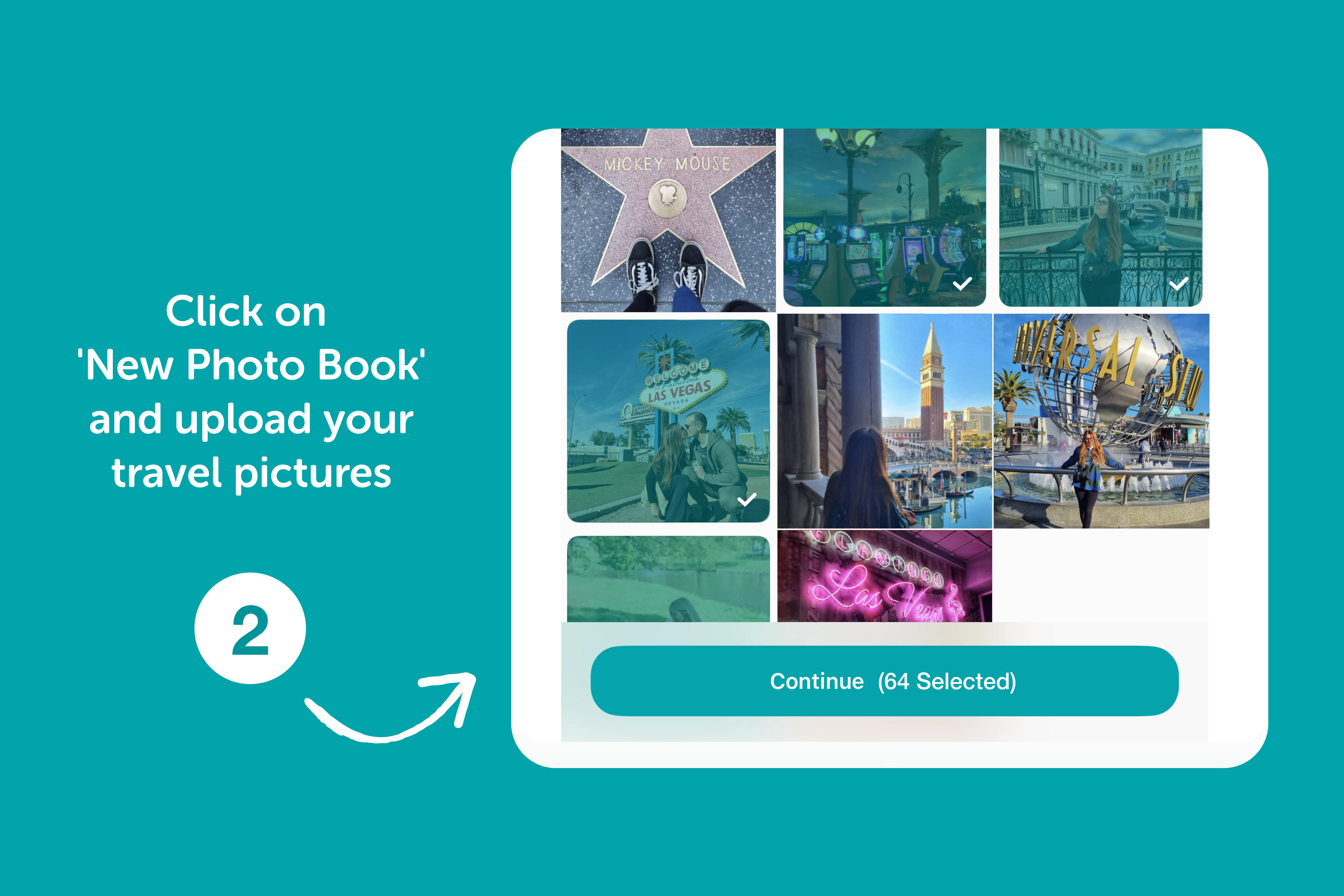Screenshot showing photo book creation steps with travel pictures, a prompt to upload photos, and a "Continue" button highlighted.