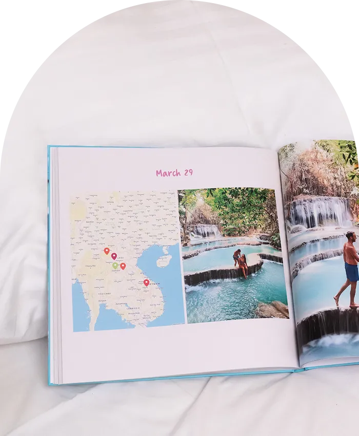 Ouvrir l'album photo présentant une carte avec des repères et des images de deux personnes profitant de bassins aux eaux turquoise et de cascades, avec la date du 29 mars indiquée en haut.