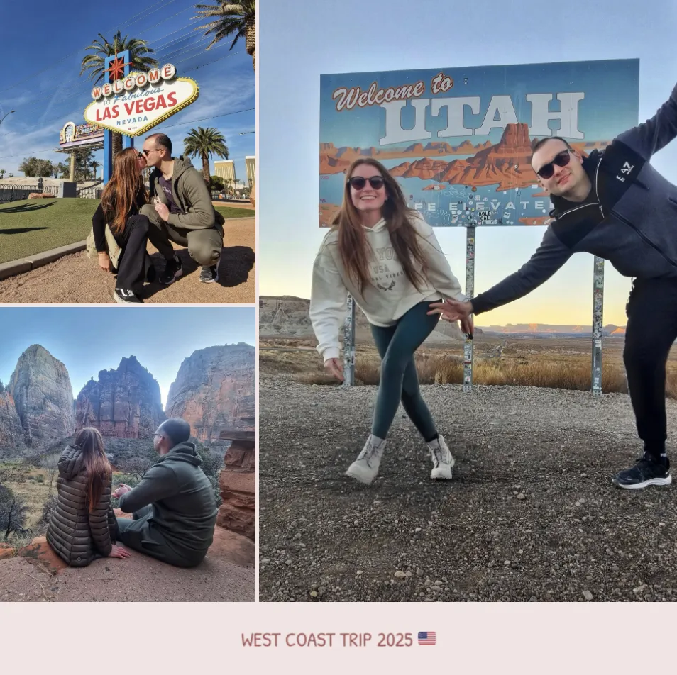 Collage von einem Paar, das Las Vegas, Utah und einen Canyon besucht, mit der Bildunterschrift „Westküstenreise 2025 ”.